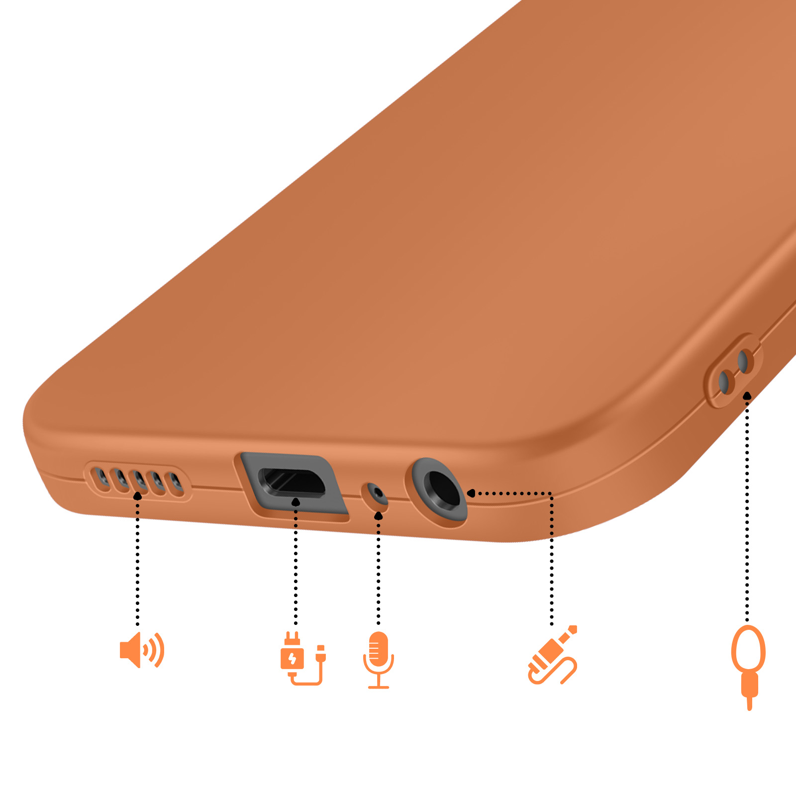 Oranje hoes met poorten: luidspreker, USB, microfoon, koptelefoon, jack.