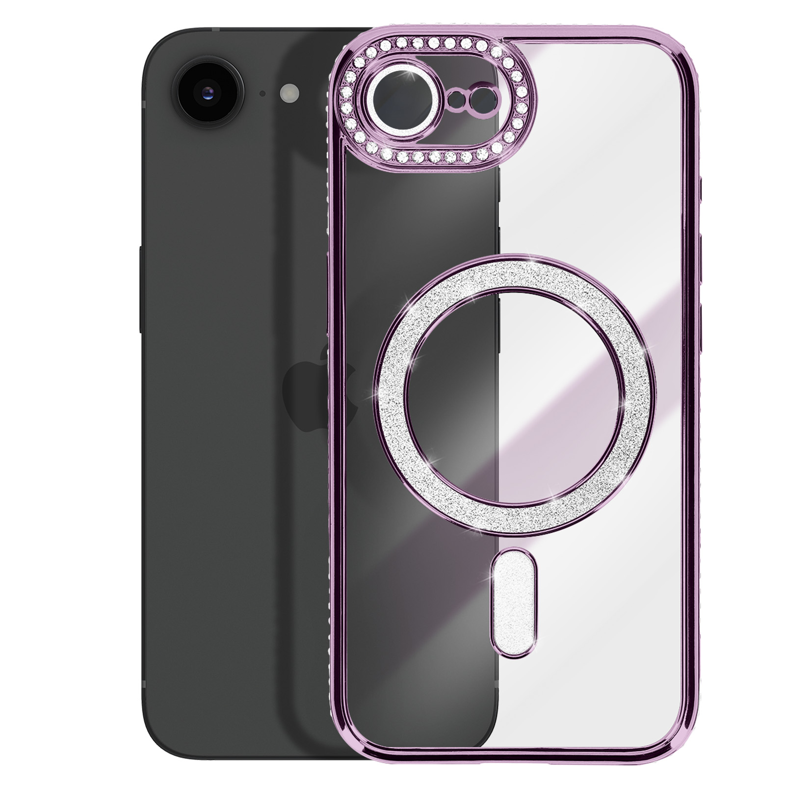 Een donkere smartphone met een doorzichtige hoes met paarse rand en glitteraccenten.