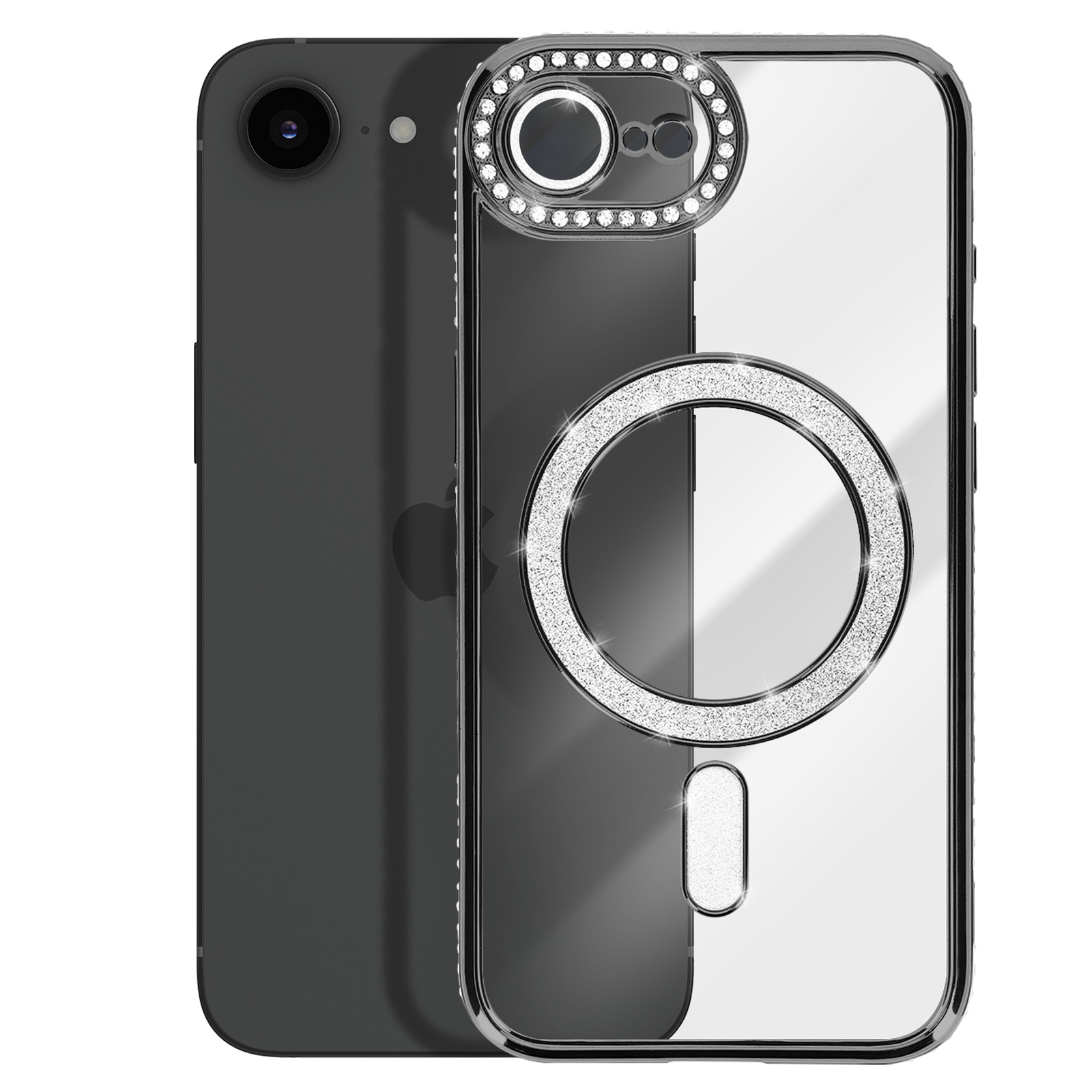 Een doorzichtige telefoonhoes met glitterring rond de camera en op de grip.