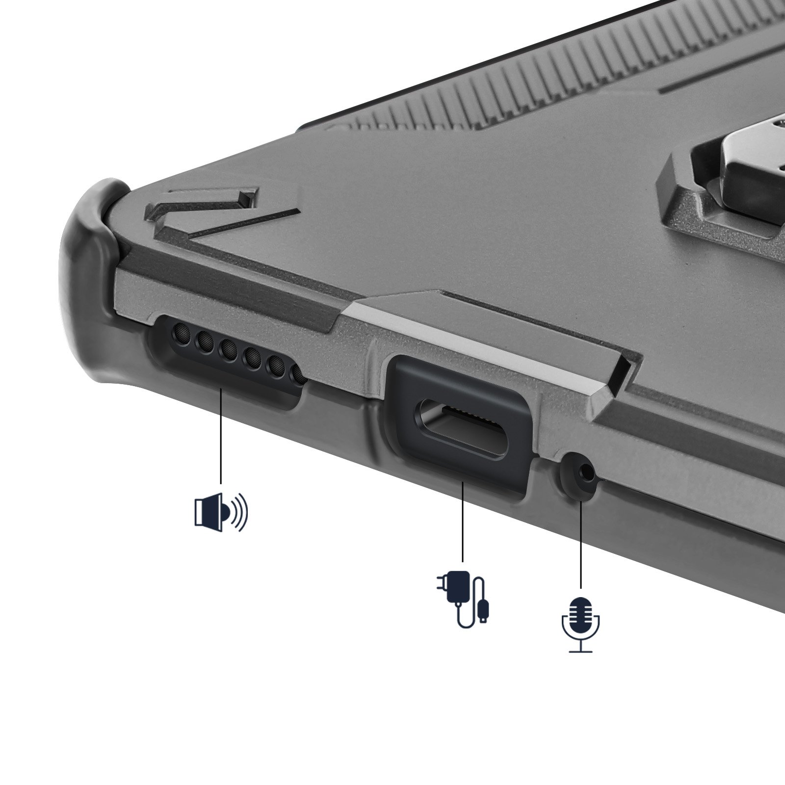 Gros plan d'un étui de téléphone gris montrant les ouvertures pour haut-parleur, charge et micro.