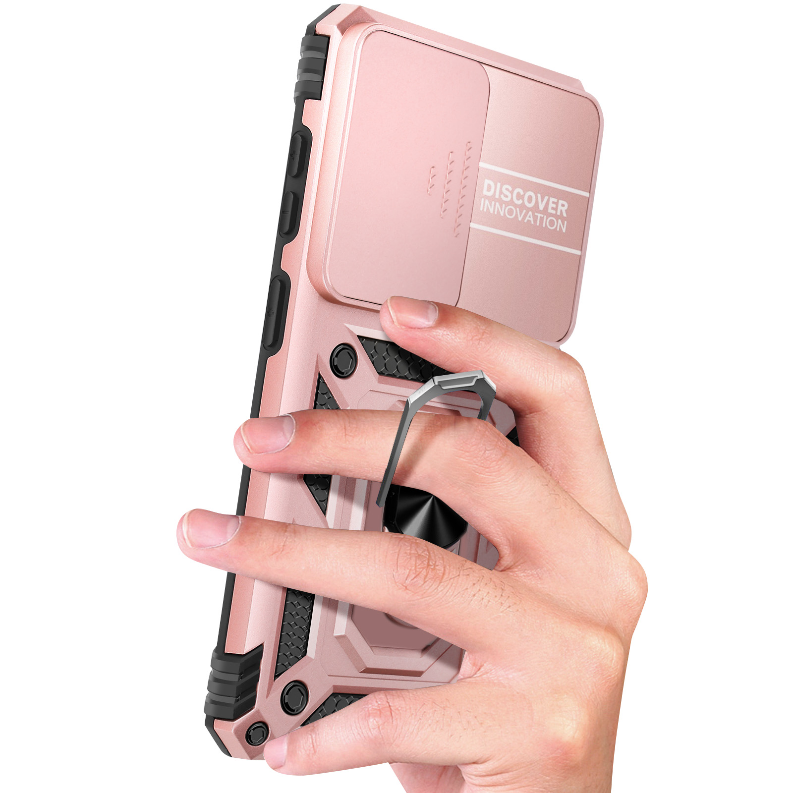 Une main tient un étui de téléphone rose avec un support anneau.