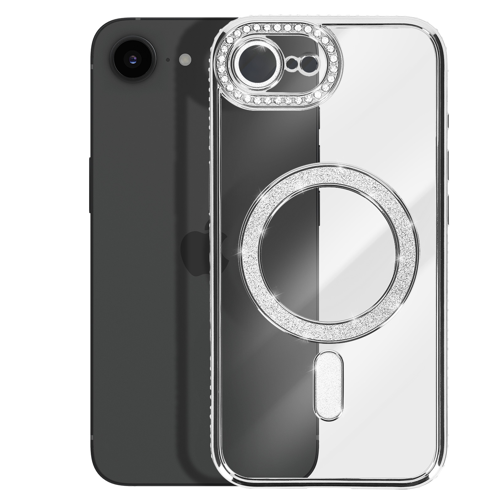 Een doorzichtige telefoonhoes met glitteraccenten op een donkere smartphone.