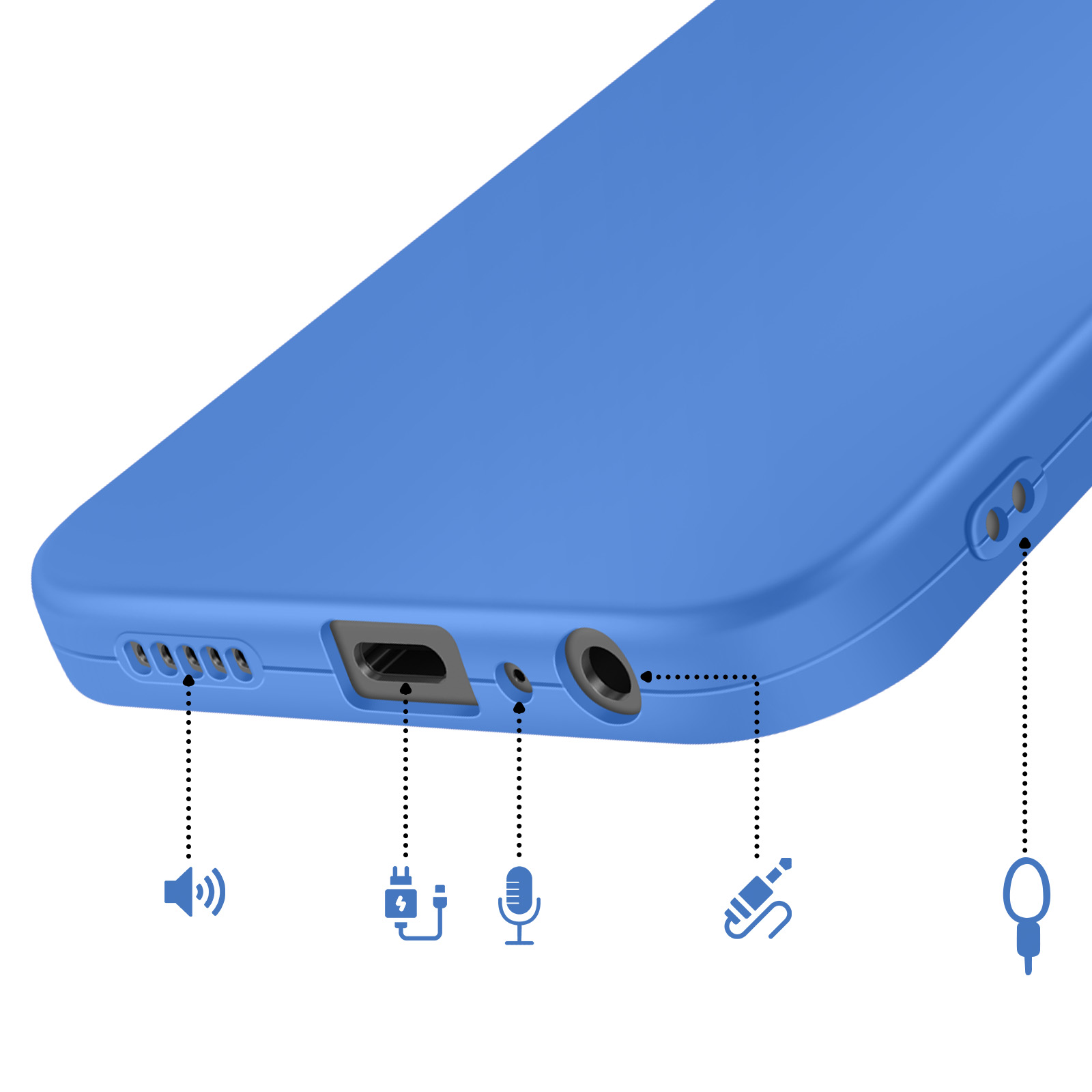 Coque de téléphone bleue montrant haut-parleur, port de charge, micro, prise casque.