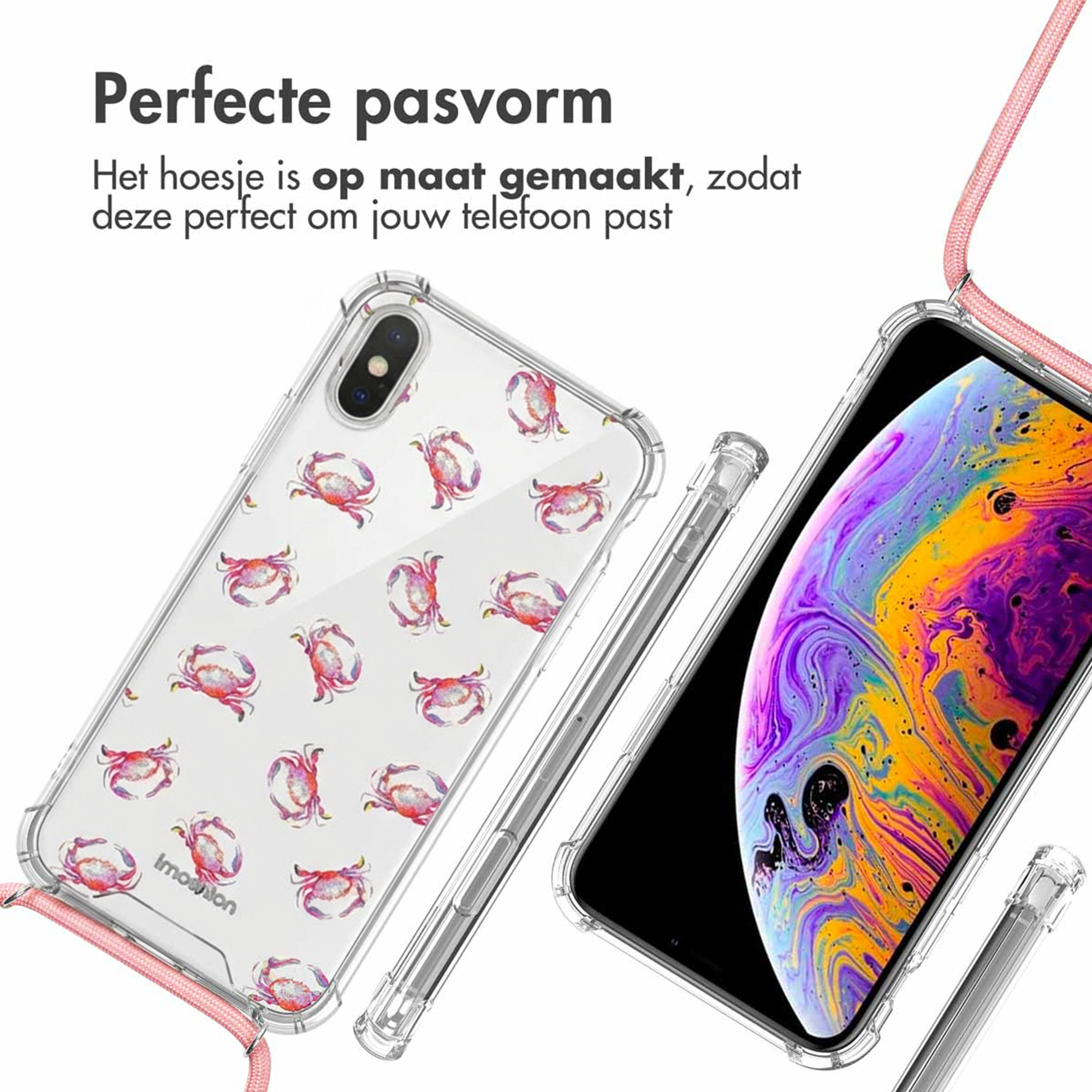 Doorzichtige telefoonhoes met krabprint en bandje, naast telefoon met kleurrijk scherm.