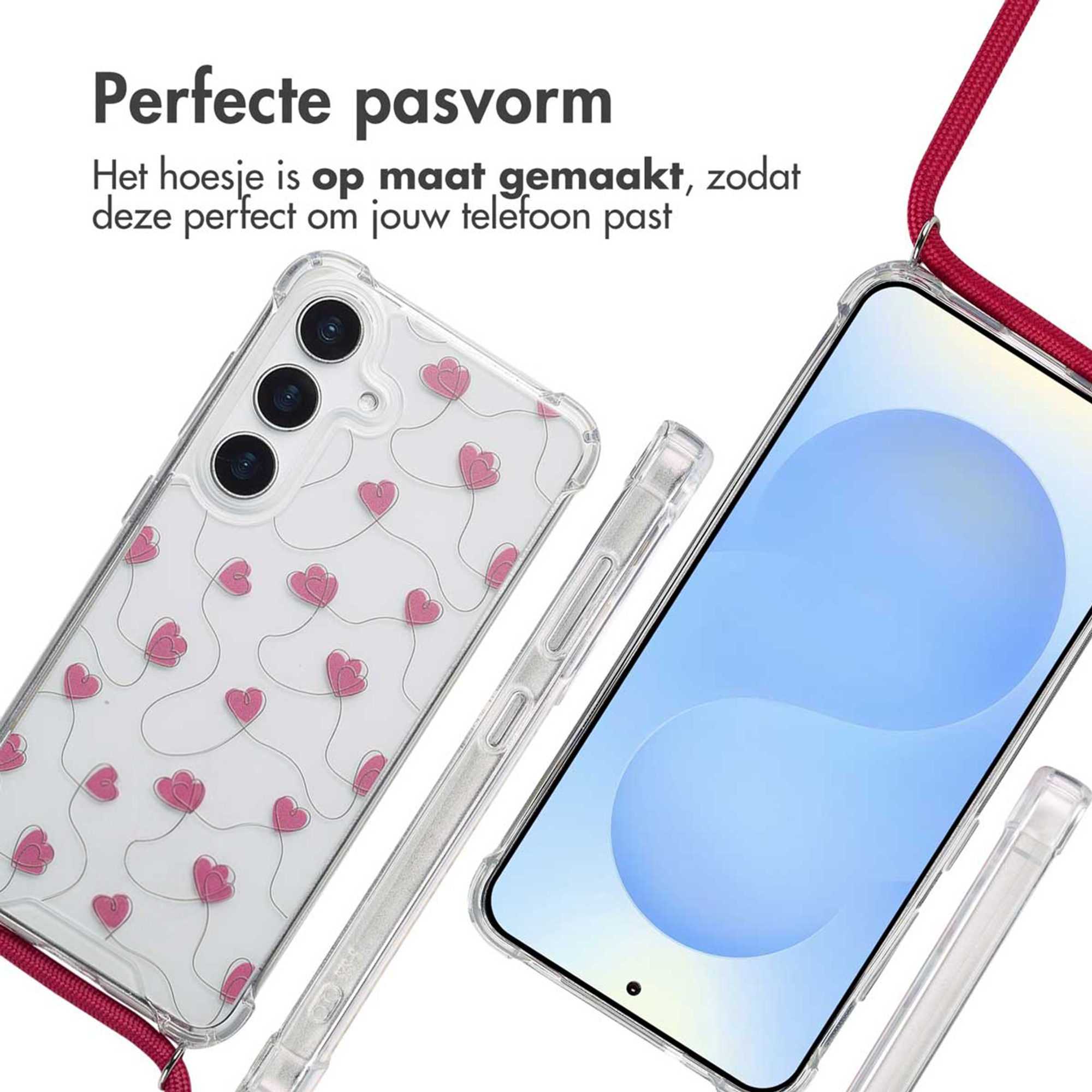 Transparante hoes met roze hartjes en rood koord, naast een smartphone.