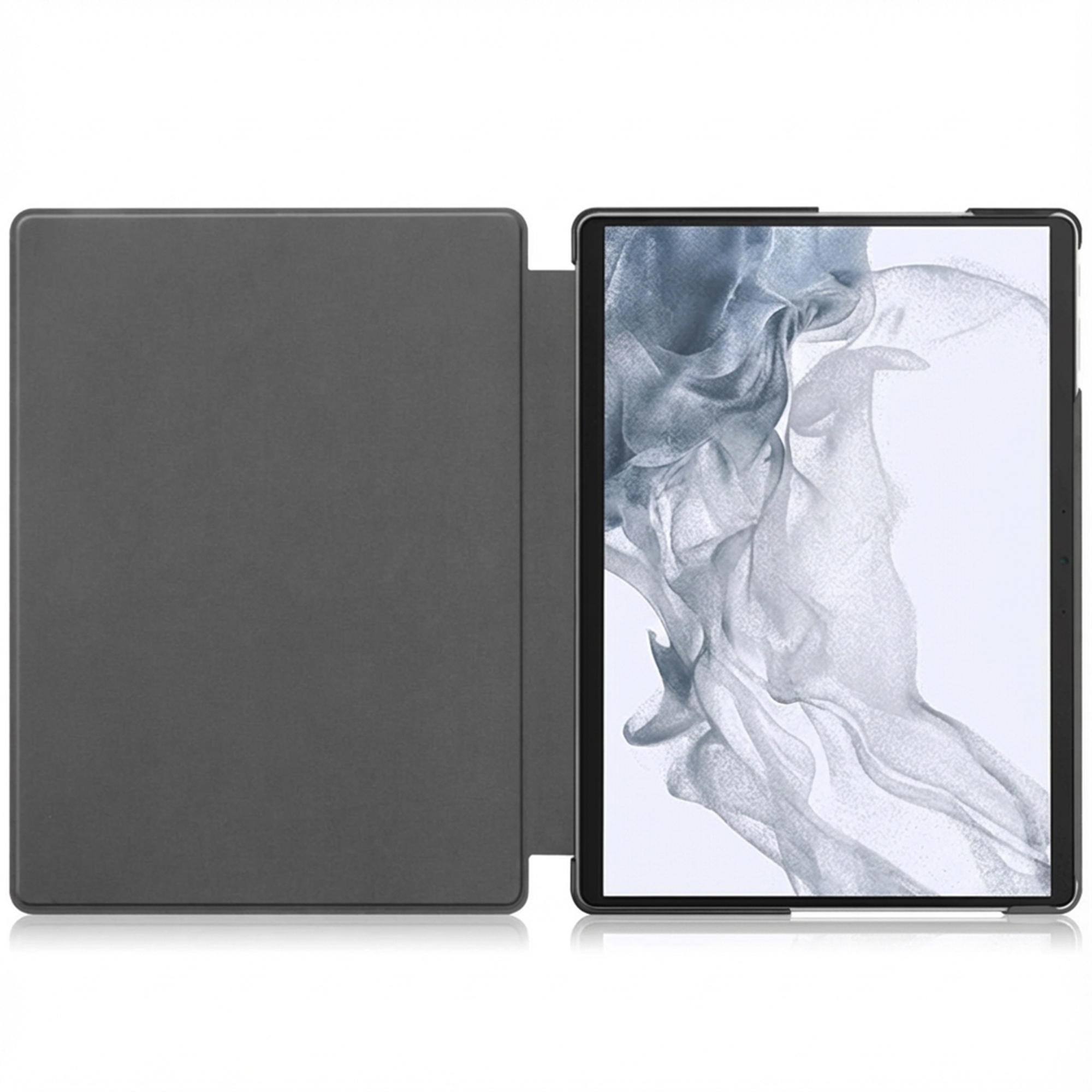 A grey tablet with an open cover, showing an abstract pattern on the screen.