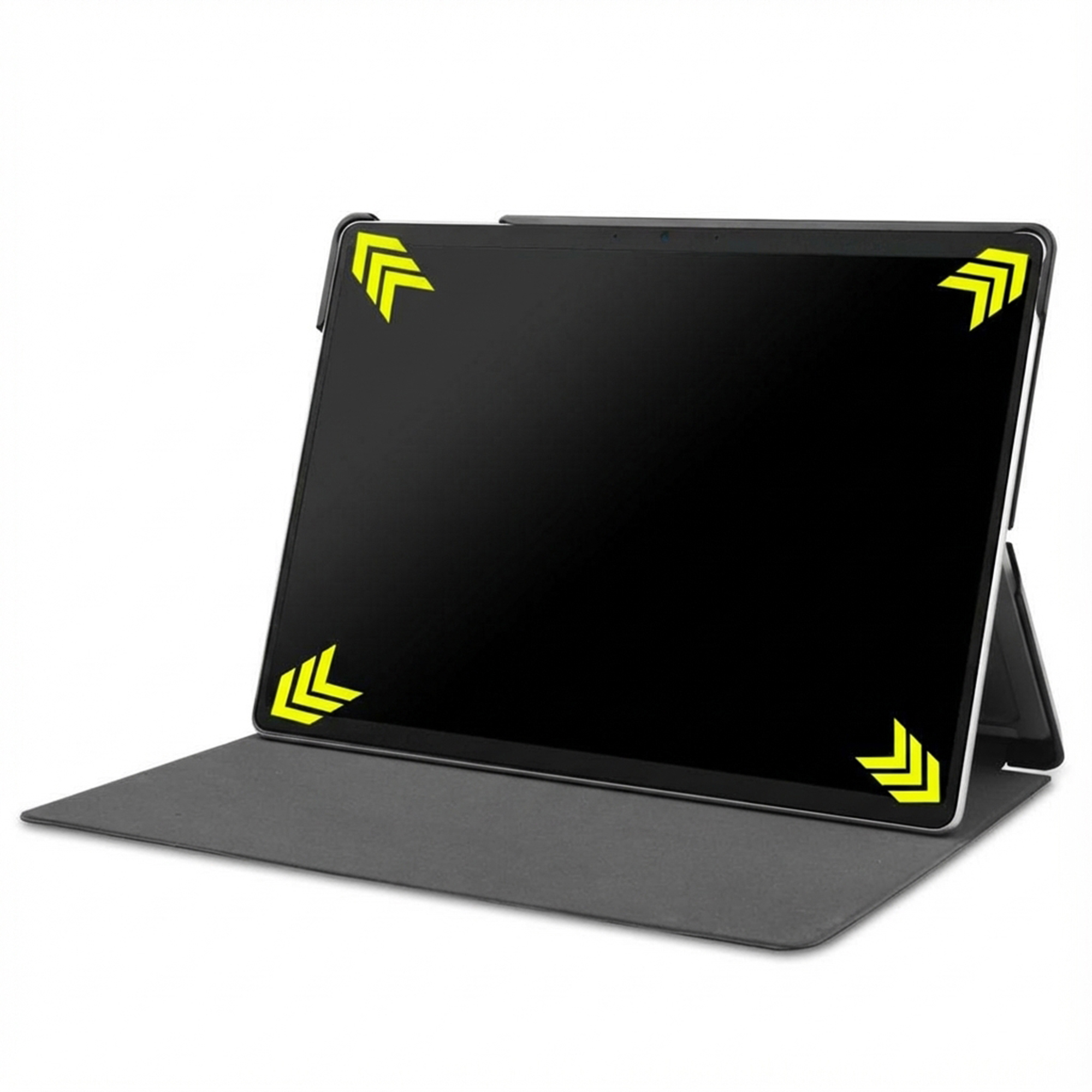 A black tablet with yellow corner arrows on a gray stand.