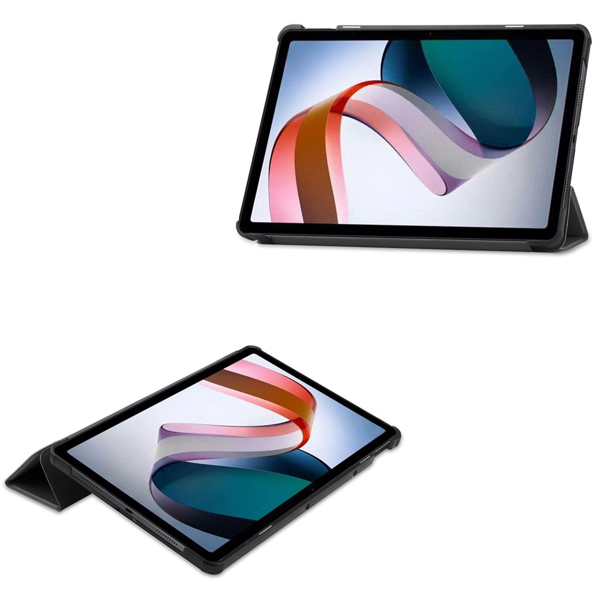 A black tablet with a colorful background in a stand.