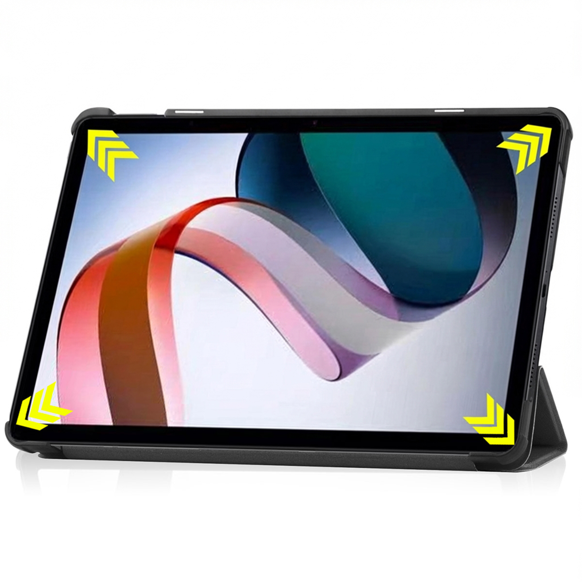 A black tablet with a colorful wallpaper, standing in a case.
