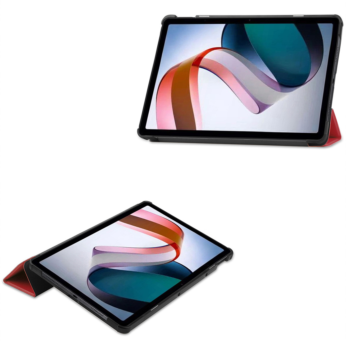 A black tablet stand with a red edge holds a tablet displaying a colorful abstract wallpaper.