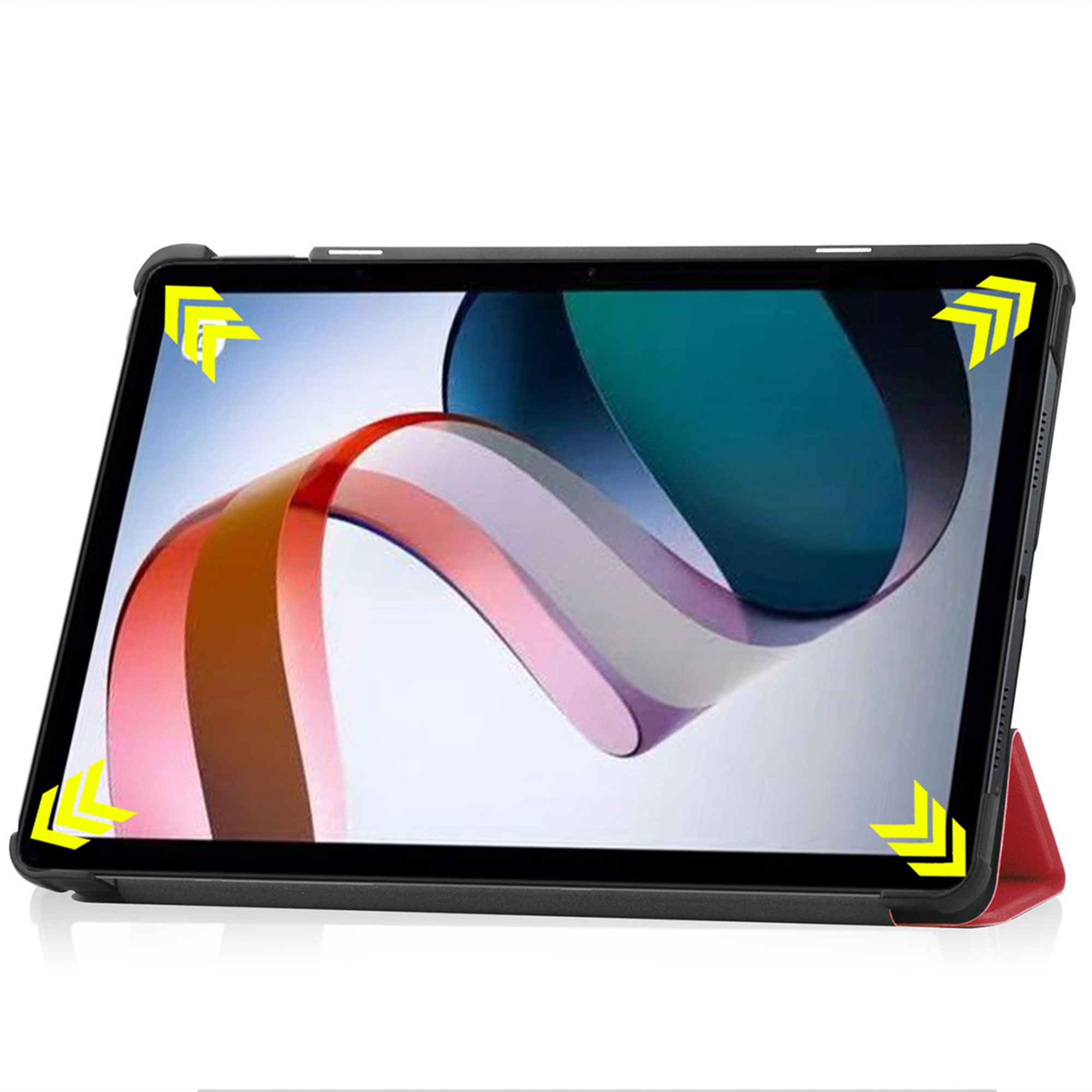 Tablet in a red stand case with yellow arrows on corners.