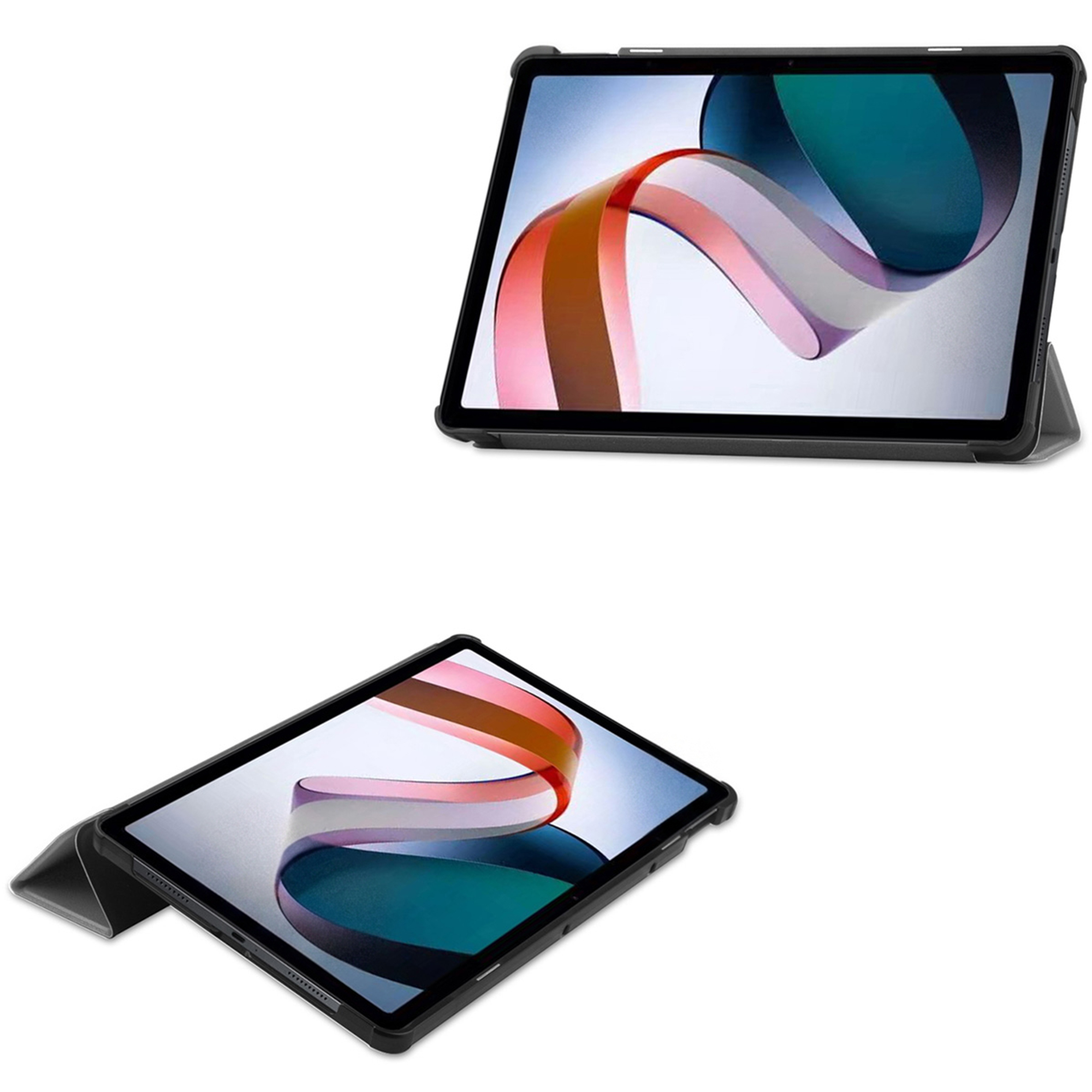 A black tablet device in a case, displaying a colorful wallpaper graphic.