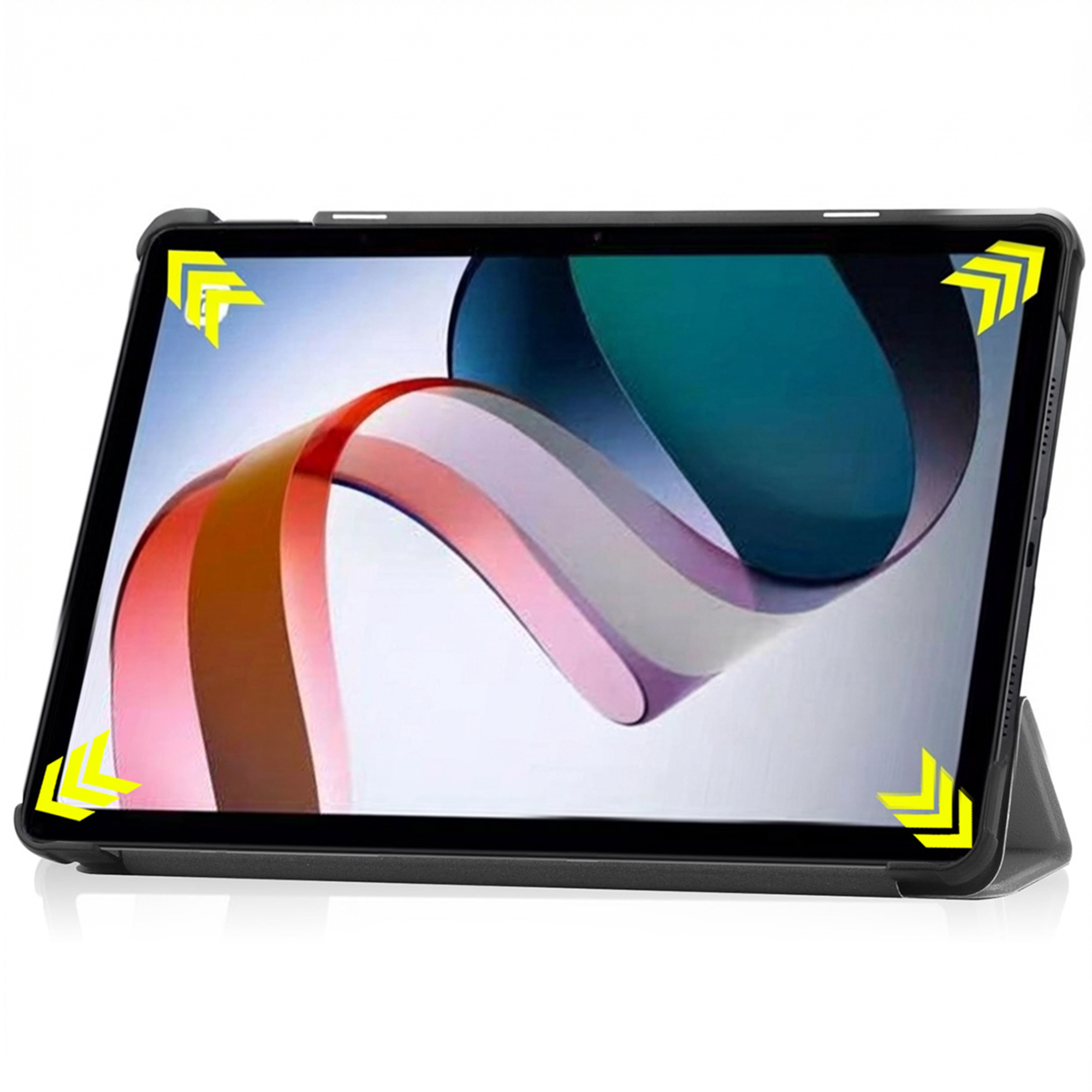A black tablet in a grey case with yellow arrows on the corners.