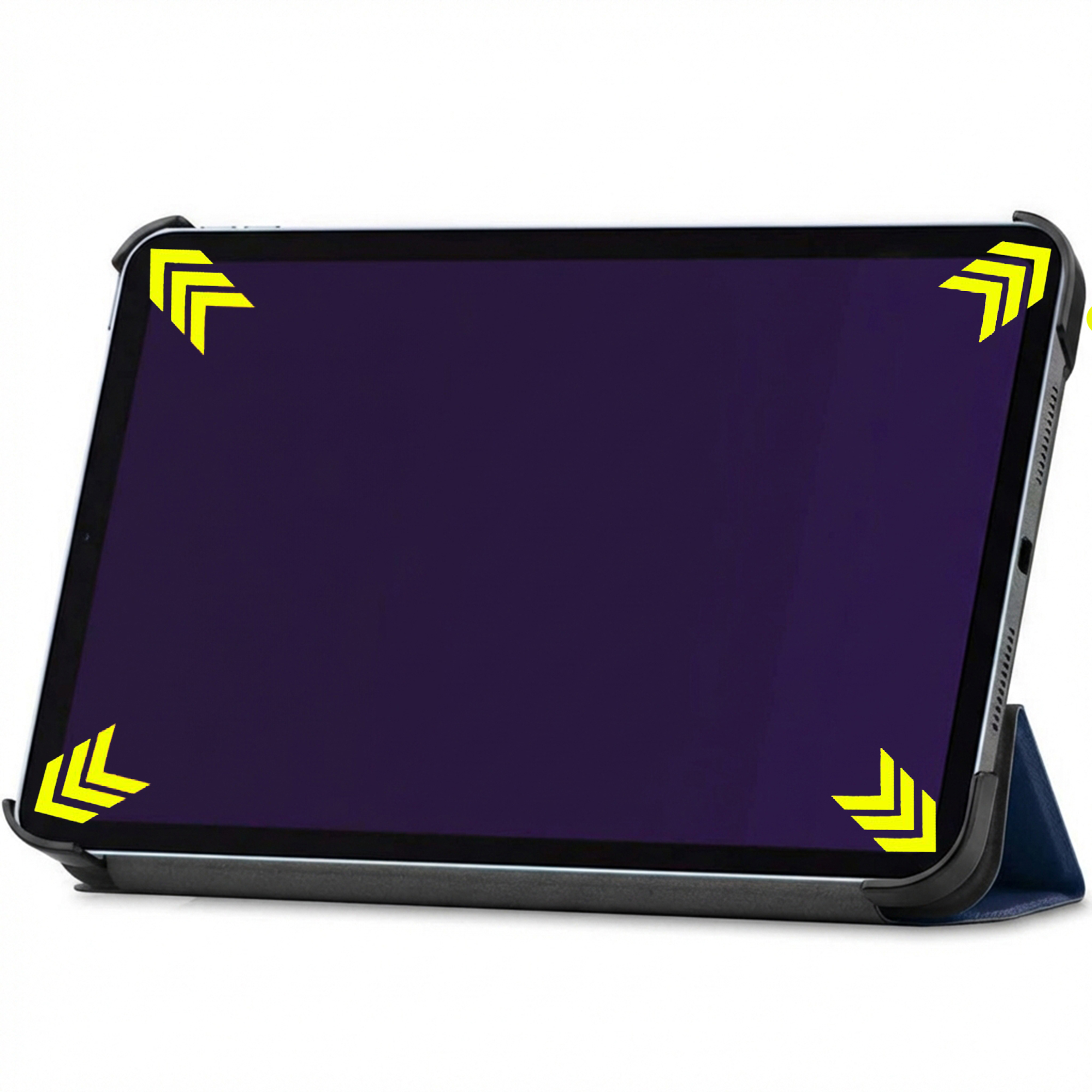 Tablet in a blue case with yellow arrows on the corners.