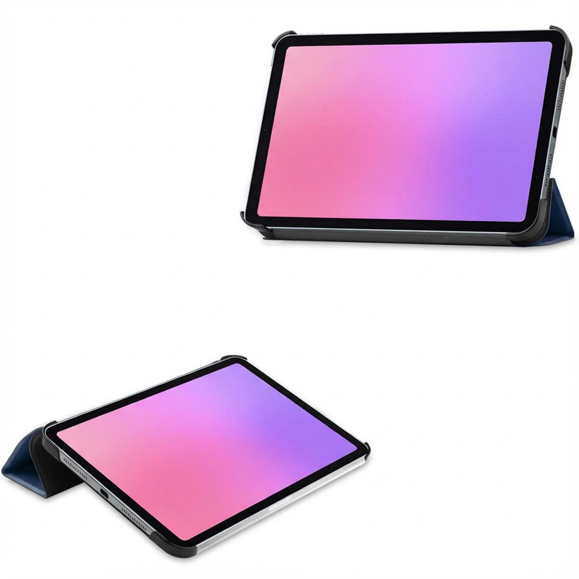 A tablet in a blue case stands upright, its screen displays a gradient.