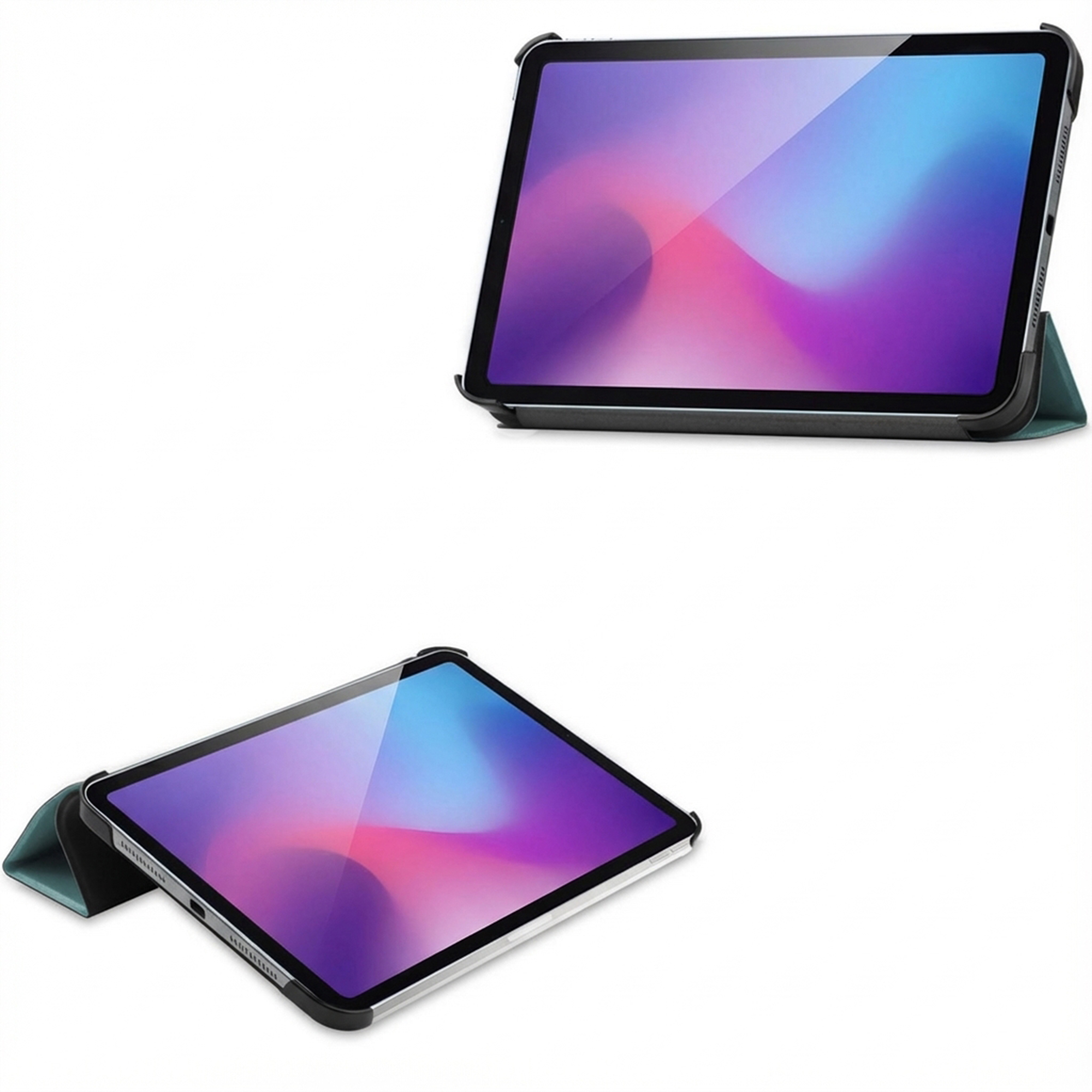 A tablet in a protective case displaying a blue and purple gradient background.