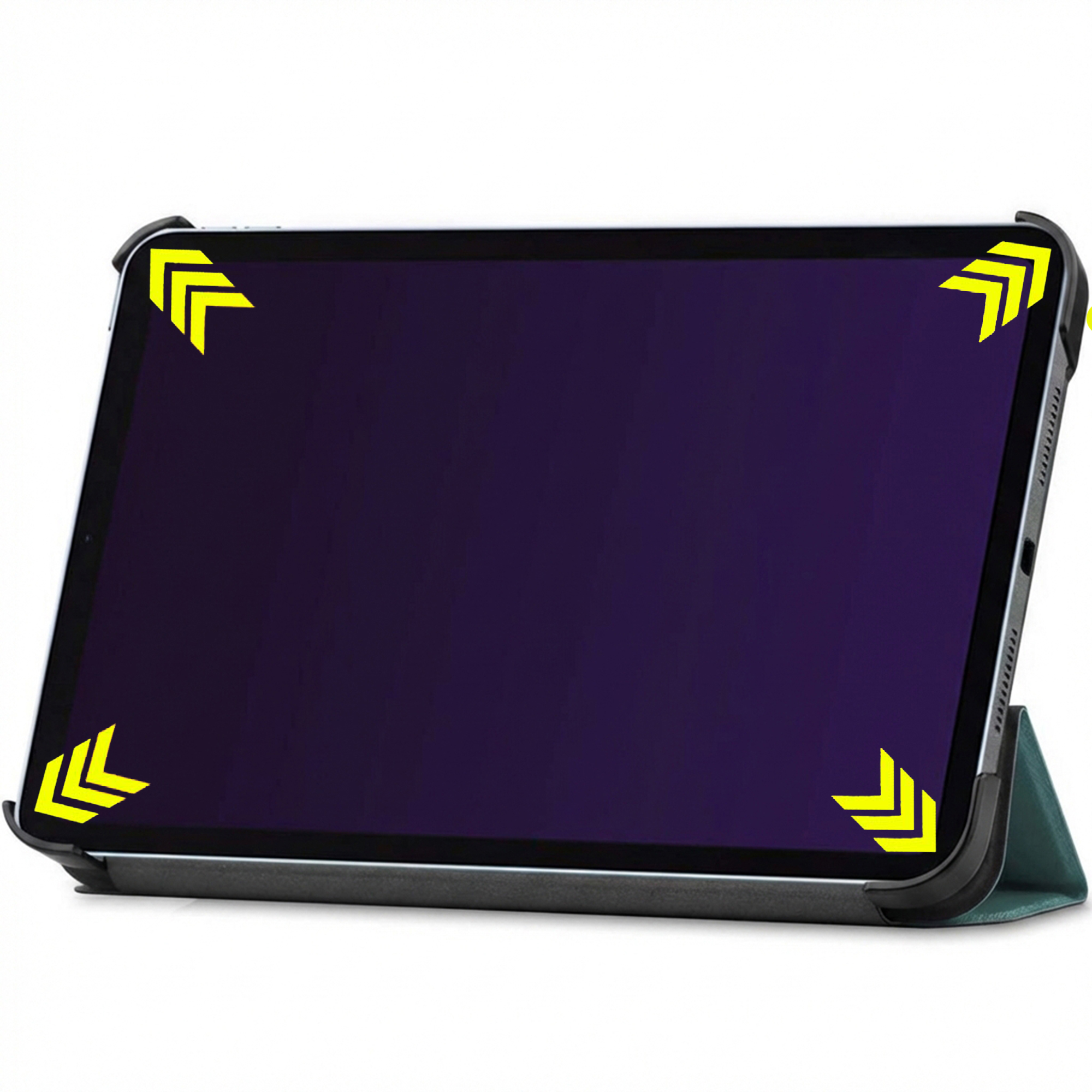 A tablet in a dark green case with yellow arrows on the corners.