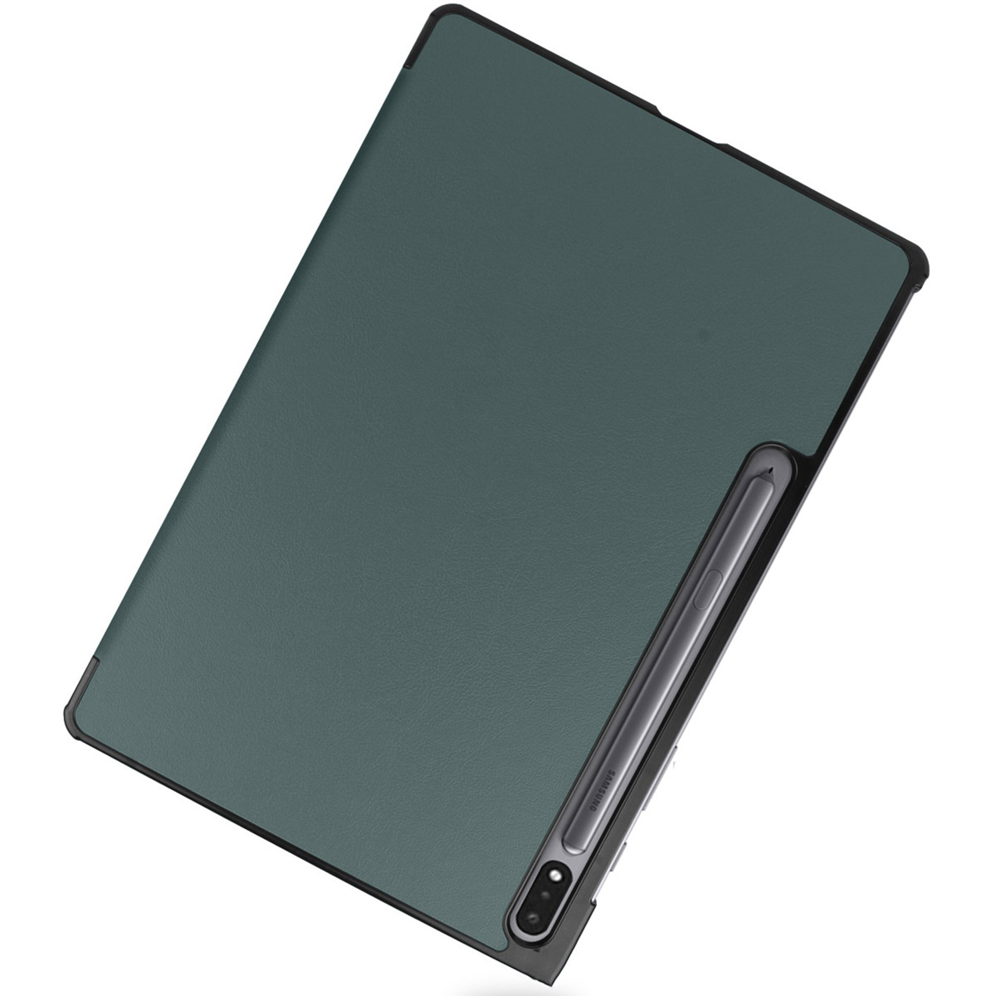 A dark green tablet with a stylus in its case, on a white background.