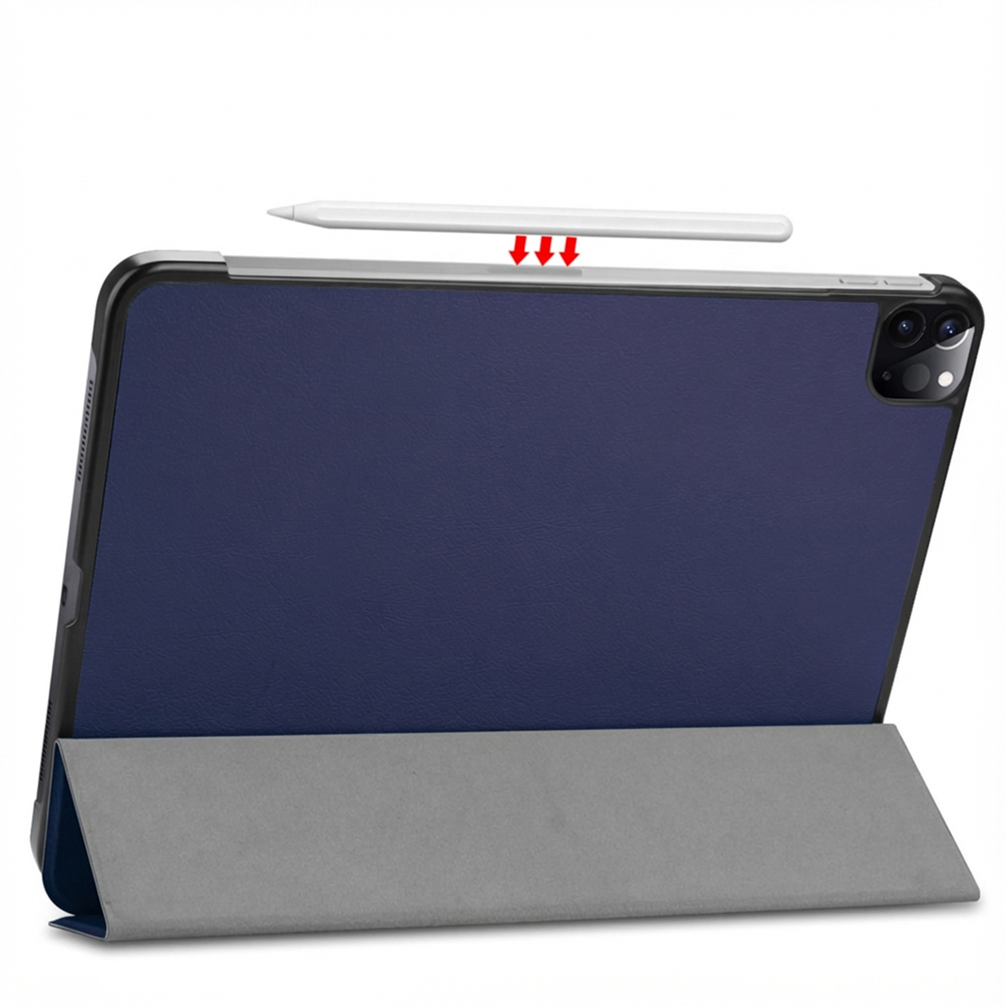 A blue tablet with a gray stand and a white stylus.
