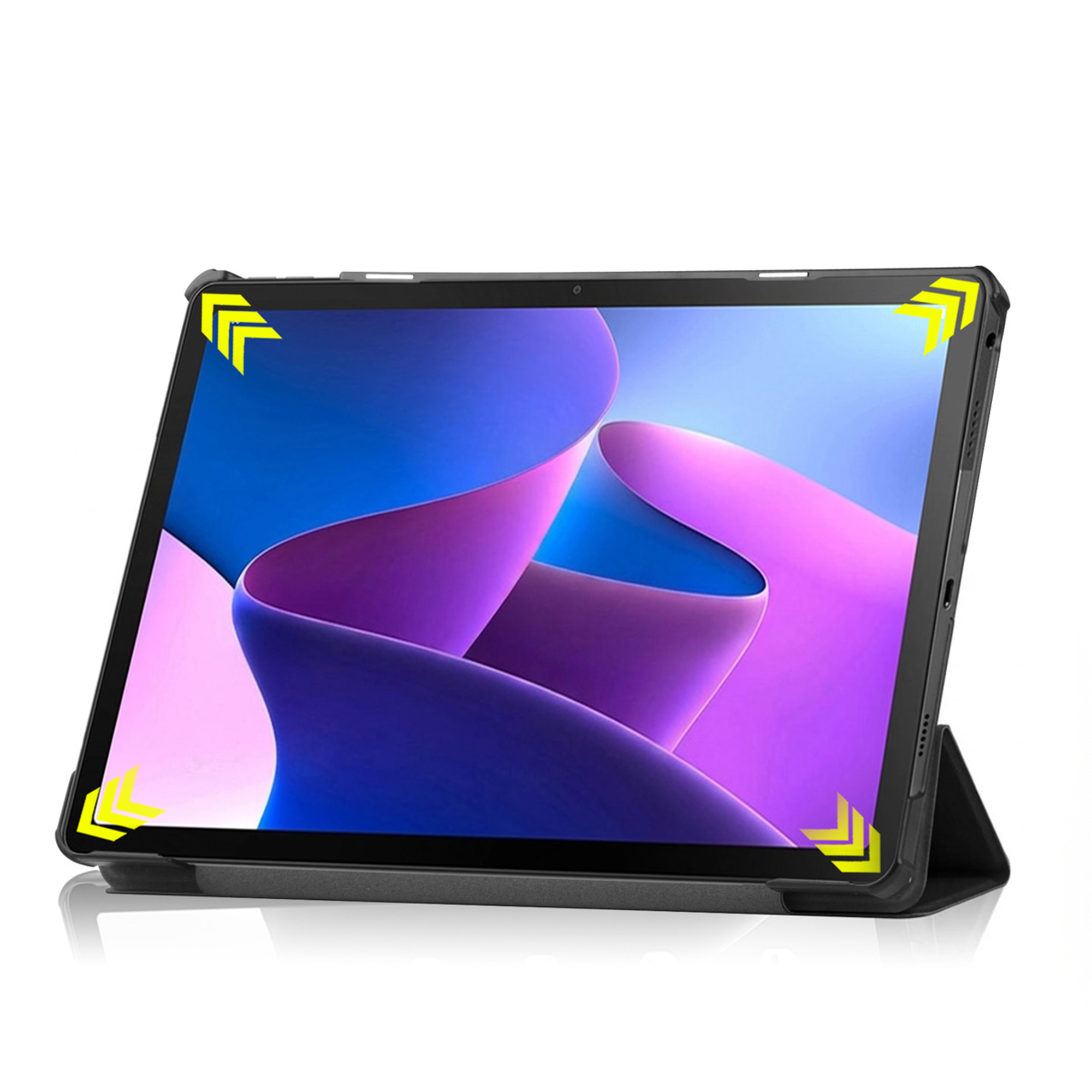 A black tablet with a colorful abstract background, propped up on a stand.