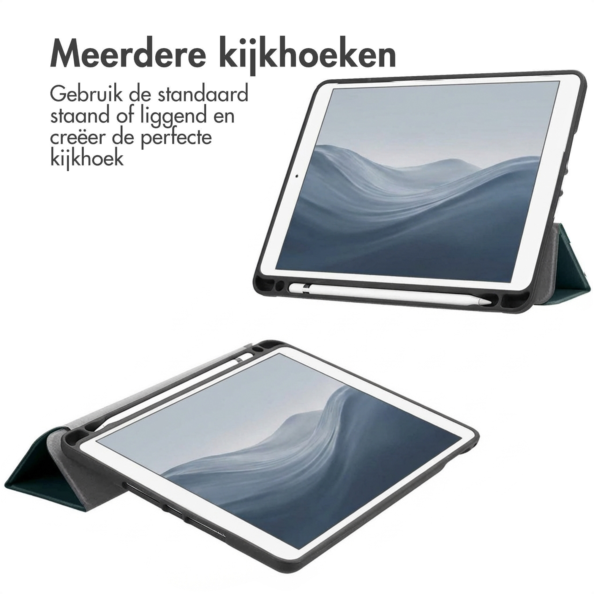 A tablet with a stylus in a protective case, shown in two views.