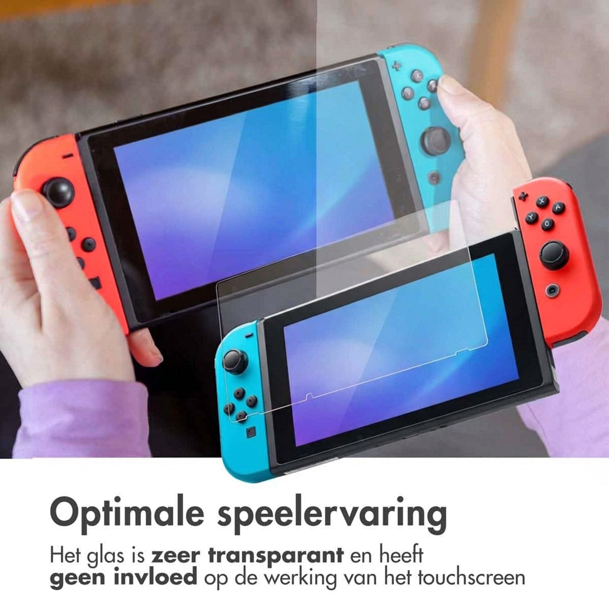 Due console Nintendo con Joy-Con rossi e blu, una con protezione schermo.