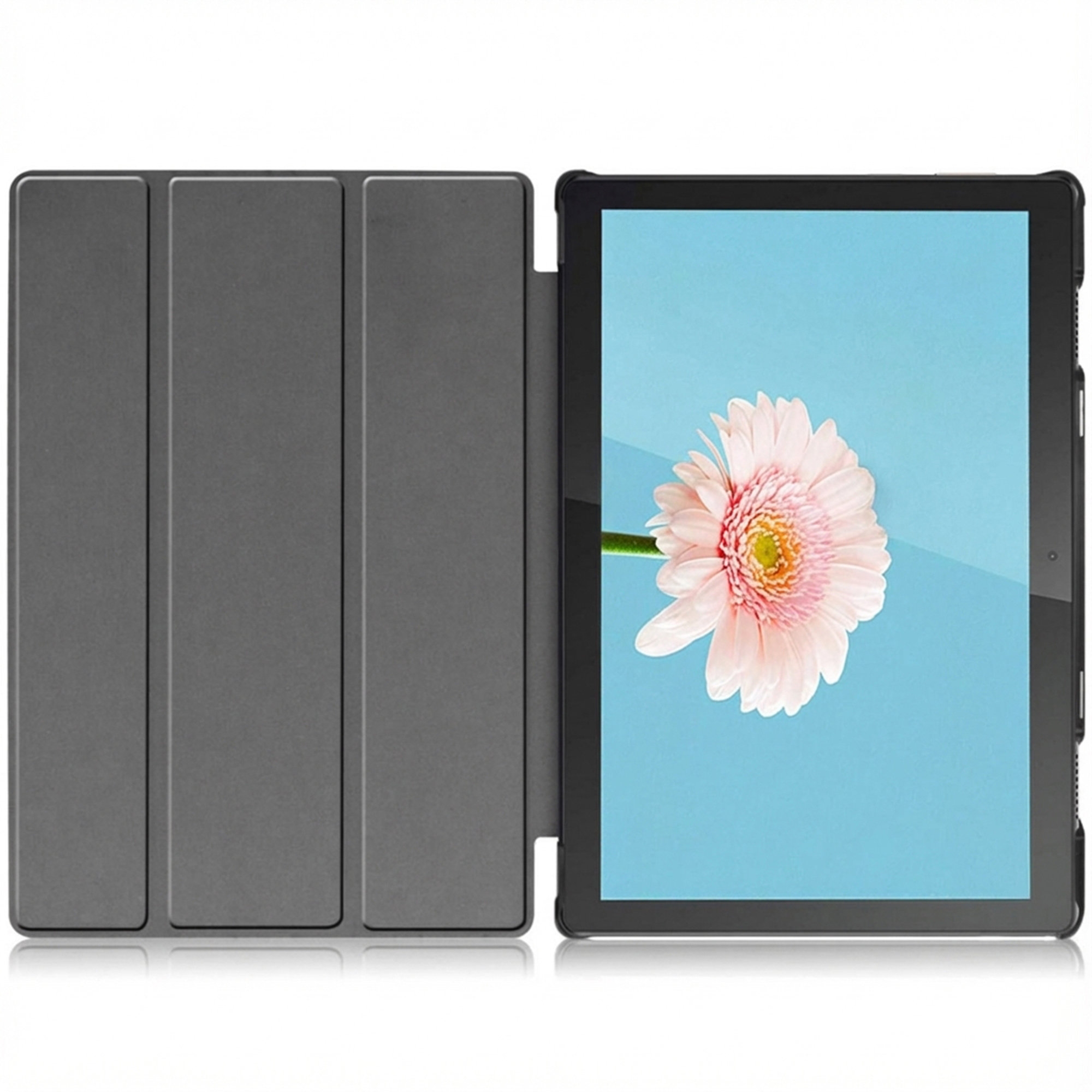 Gray tablet case next to a tablet displaying a pink and yellow flower on a blue background.
