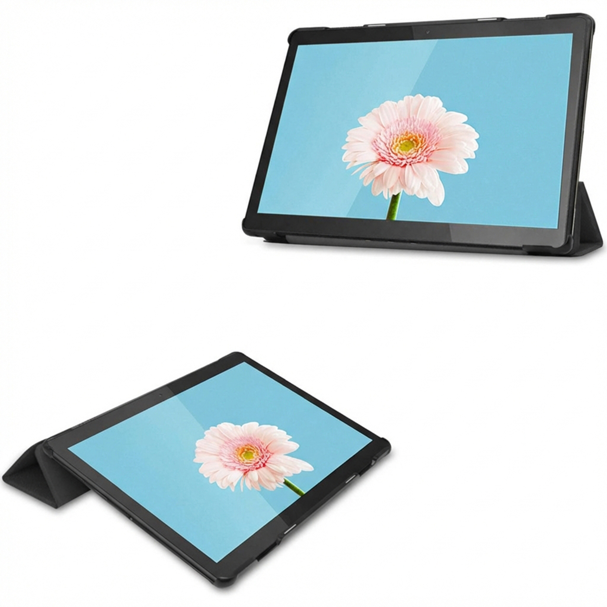 A black tablet displaying a pink gerbera flower on a blue background. Foldable case.