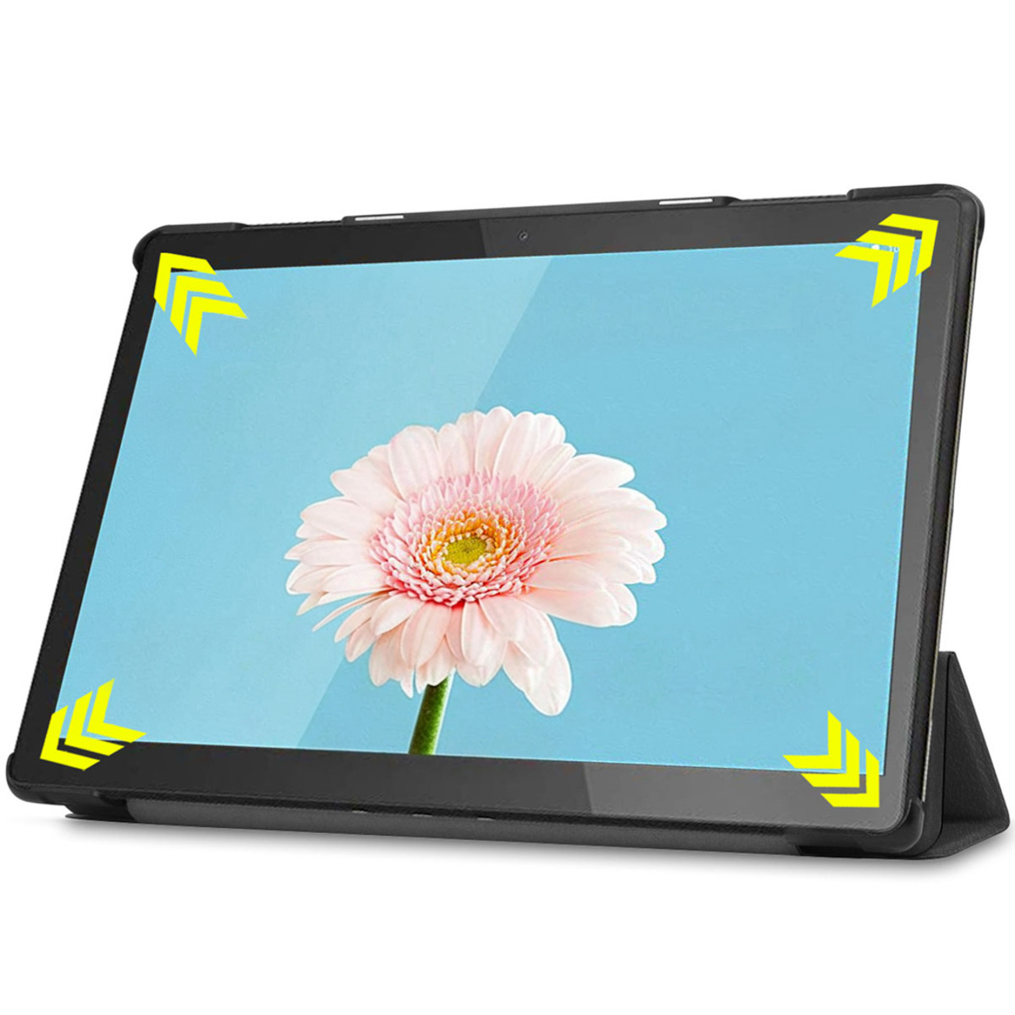 A tablet displaying a pink gerbera flower on a blue background, in a black case.