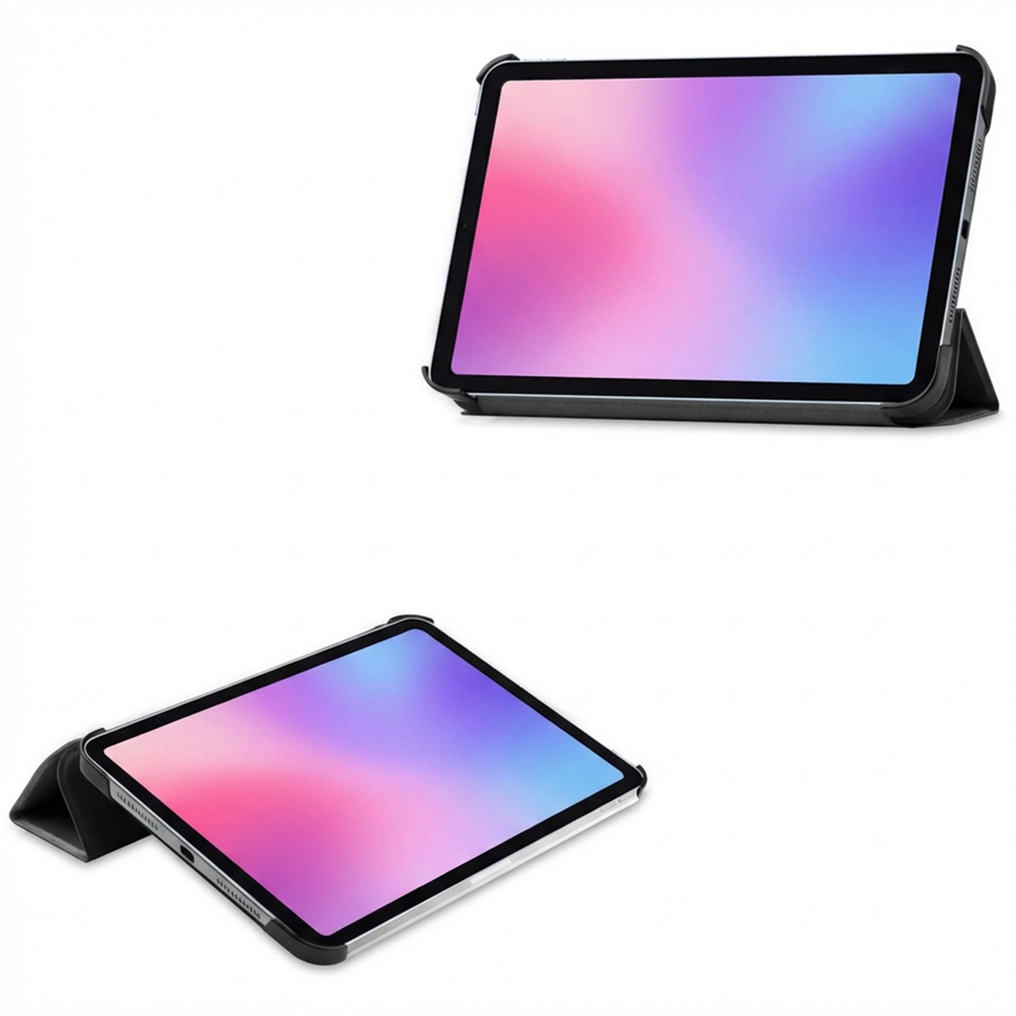 A tablet in a black case with a gradient screen display.
