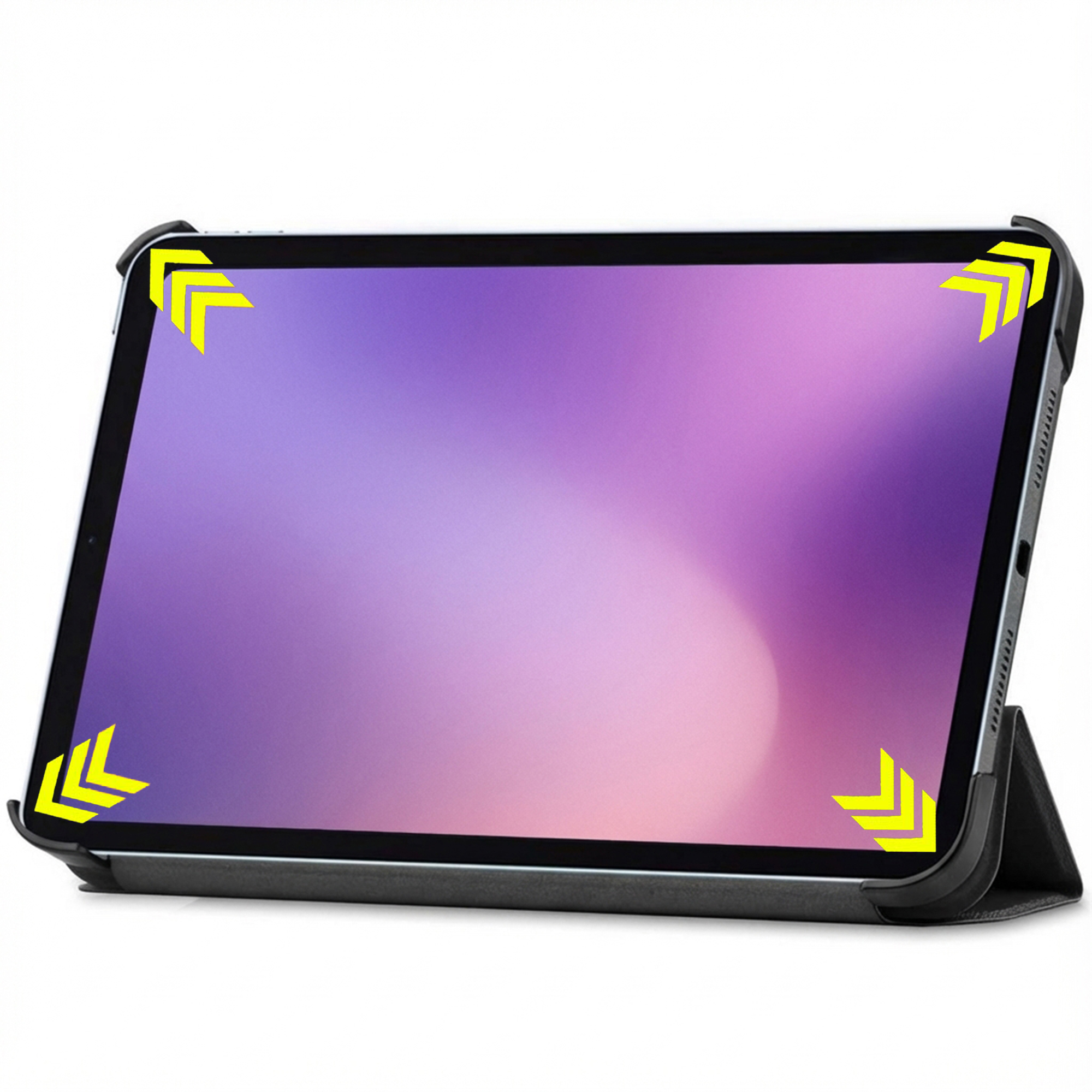 A tablet with a purple screen in a black case on a white background.