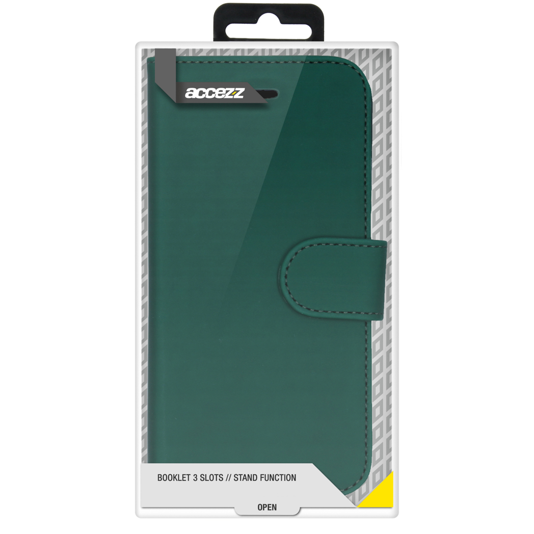 Dark green booklet phone case in packaging with "acezz" logo and stand function.