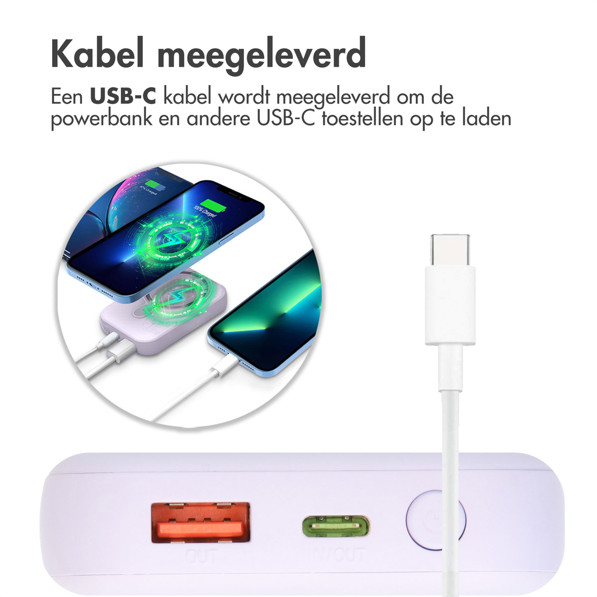 Weiße Powerbank mit USB-C-Kabel und zwei Handys, die geladen werden.