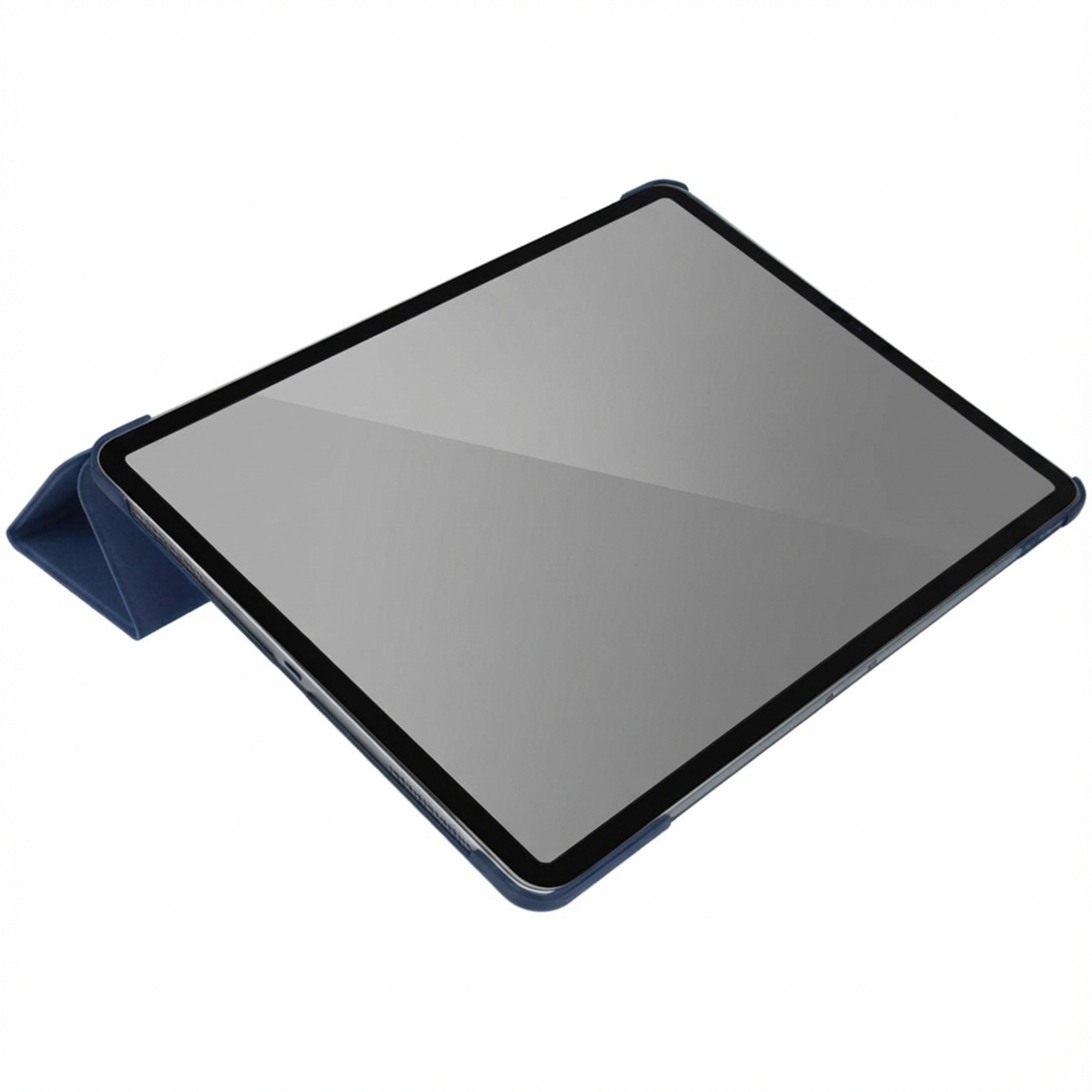 A blue tablet in a case, standing on a white background.