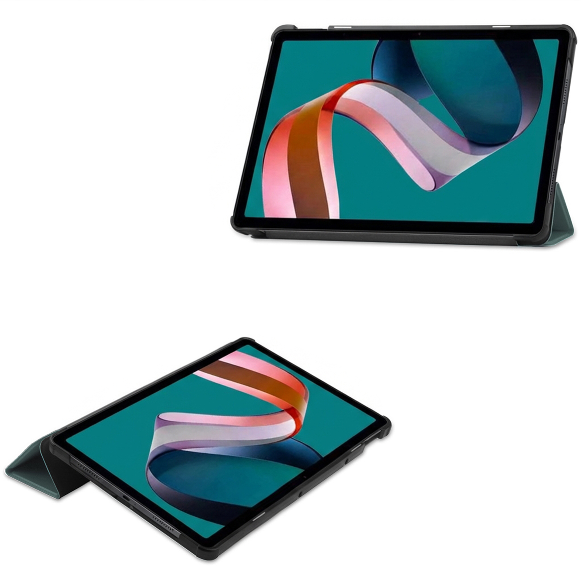 A tablet with a case shown from two angles, front and side views.
