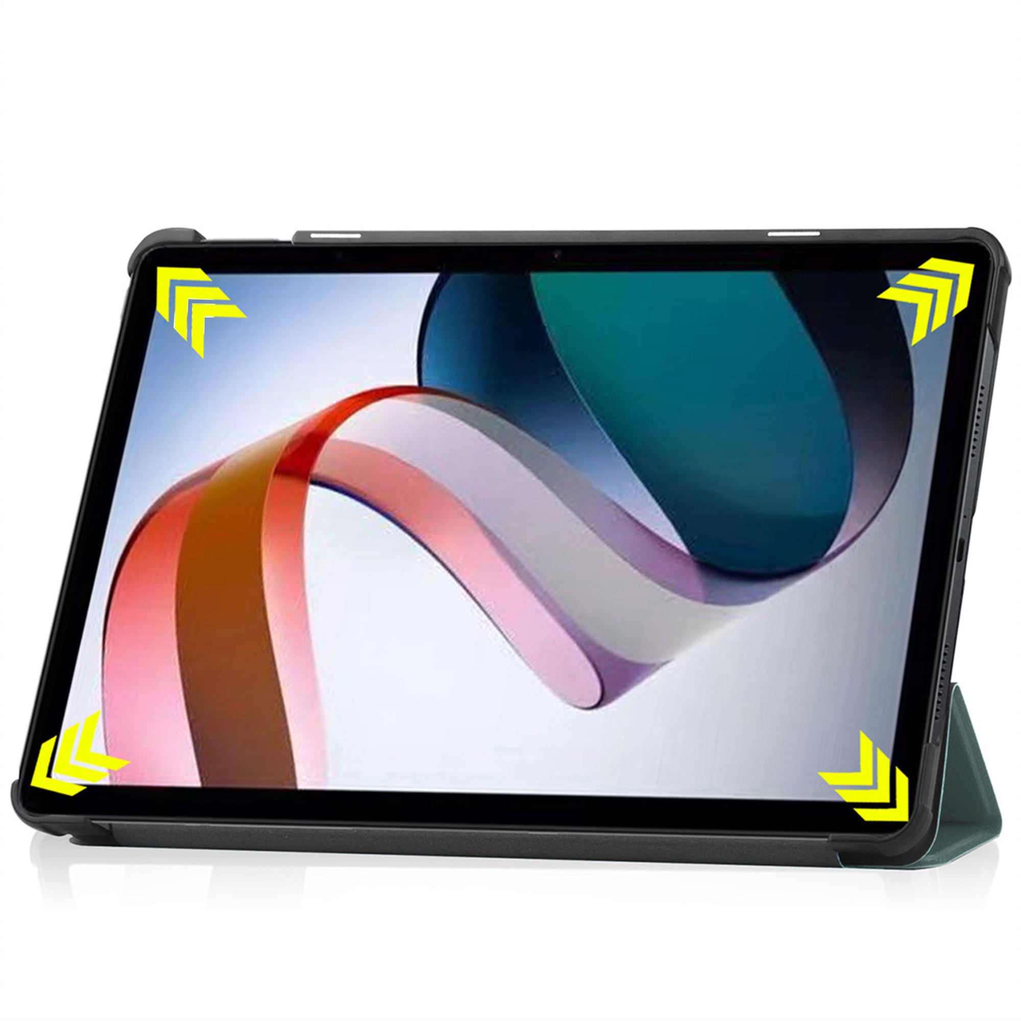 A tablet in a dark green case with yellow arrows at the corners.