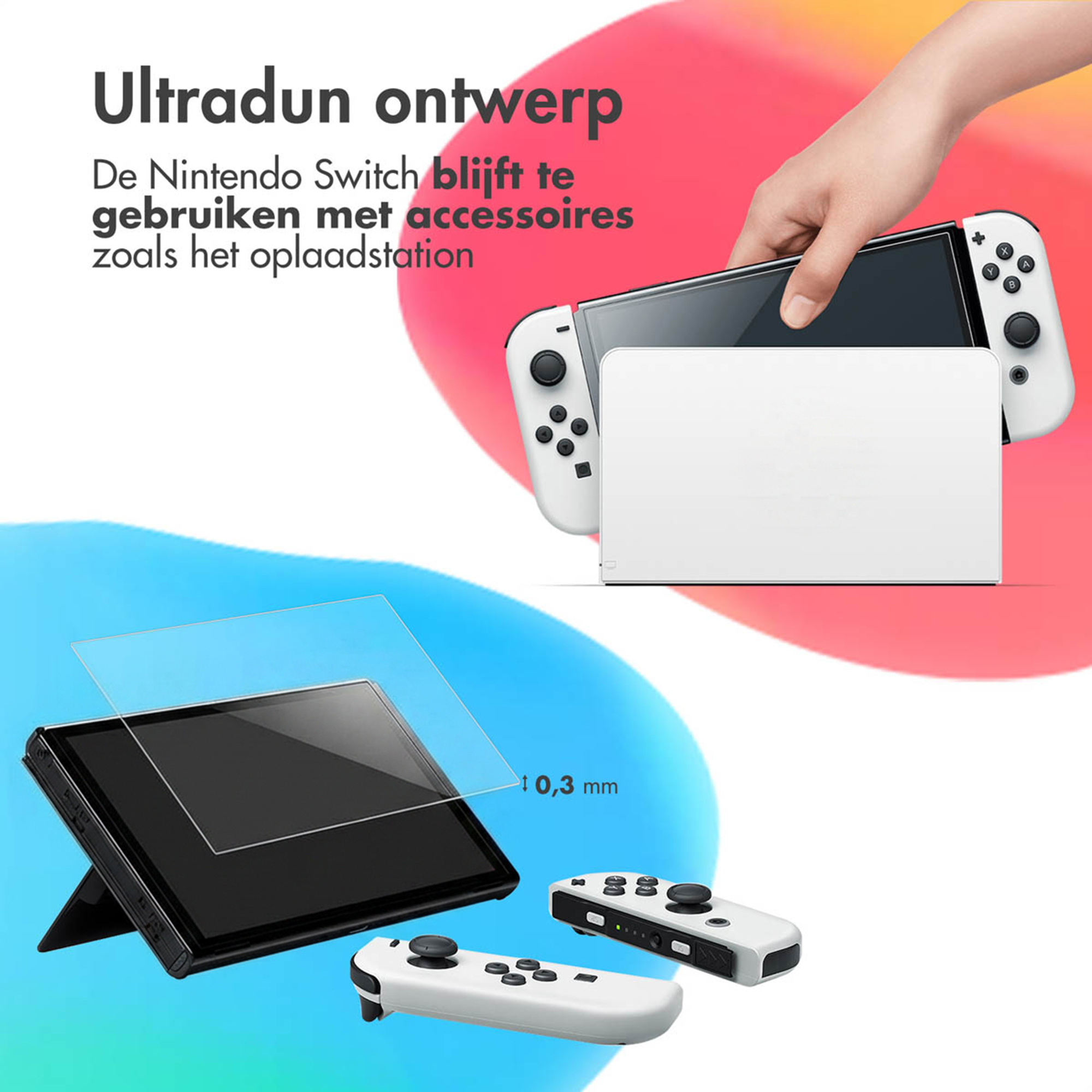 Nintendo Switch con dock, Joy-Con e protezione schermo. Design sottile.