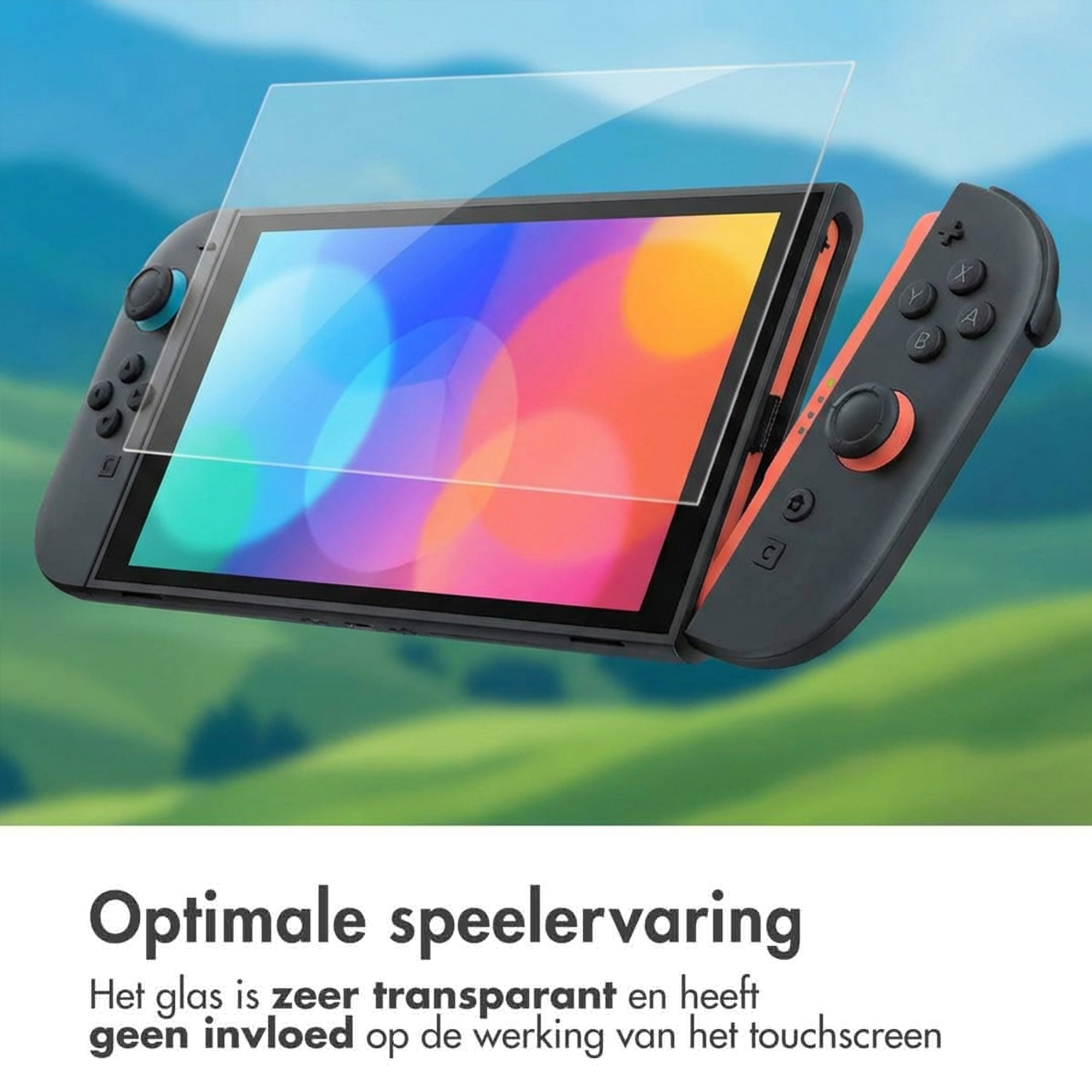 Una protezione schermo trasparente su un Nintendo Switch con Joy-Con.