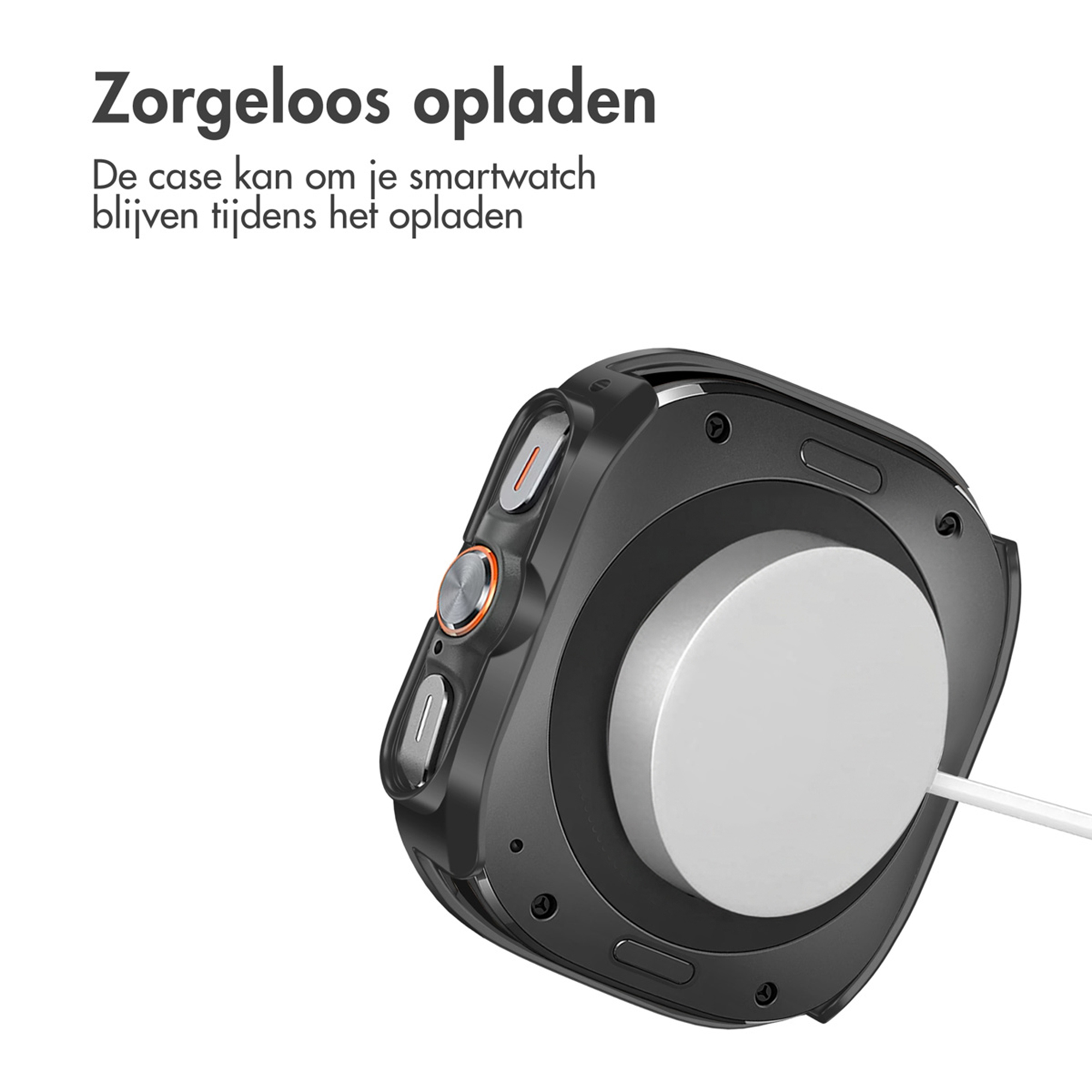 Black smartwatch case with charging function and white cable.