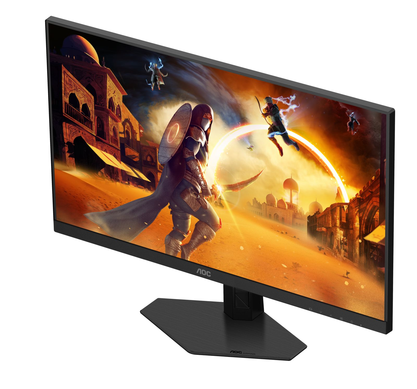 Een monitor toont een fantasiespel met krijgers en woestijnkastelen.