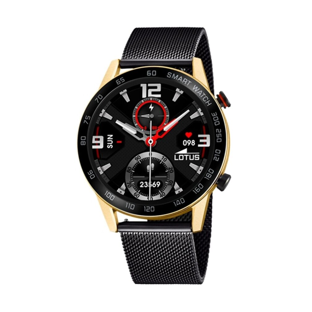 Goldene Smartwatch mit schwarzem Netzarmband und Zifferblatt.