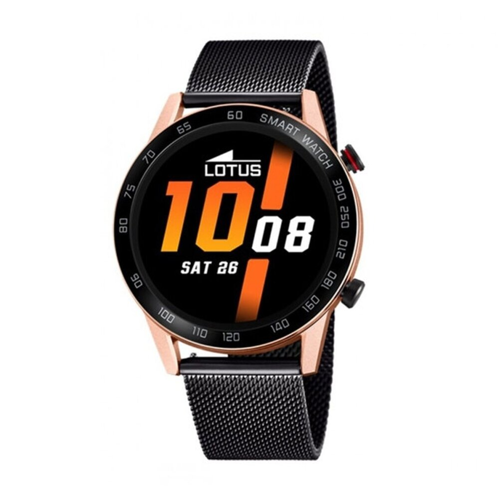 Eine goldfarbene Smartwatch mit schwarzem Milanaise-Armband, zeigt 10:08 Uhr.