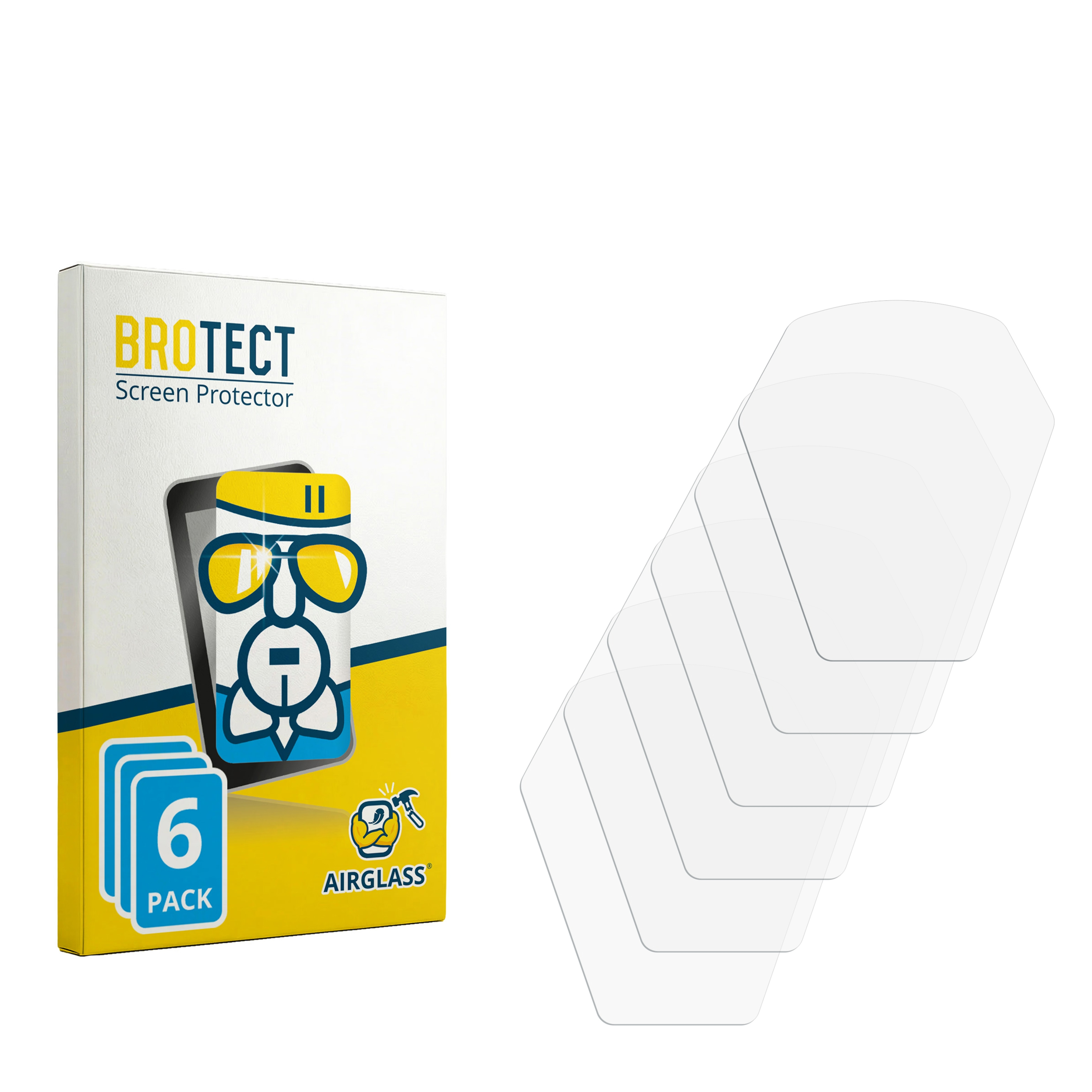 Verpackung mit 6 Displayschutzfolien aus Glas und einem Cartoon-Logo.