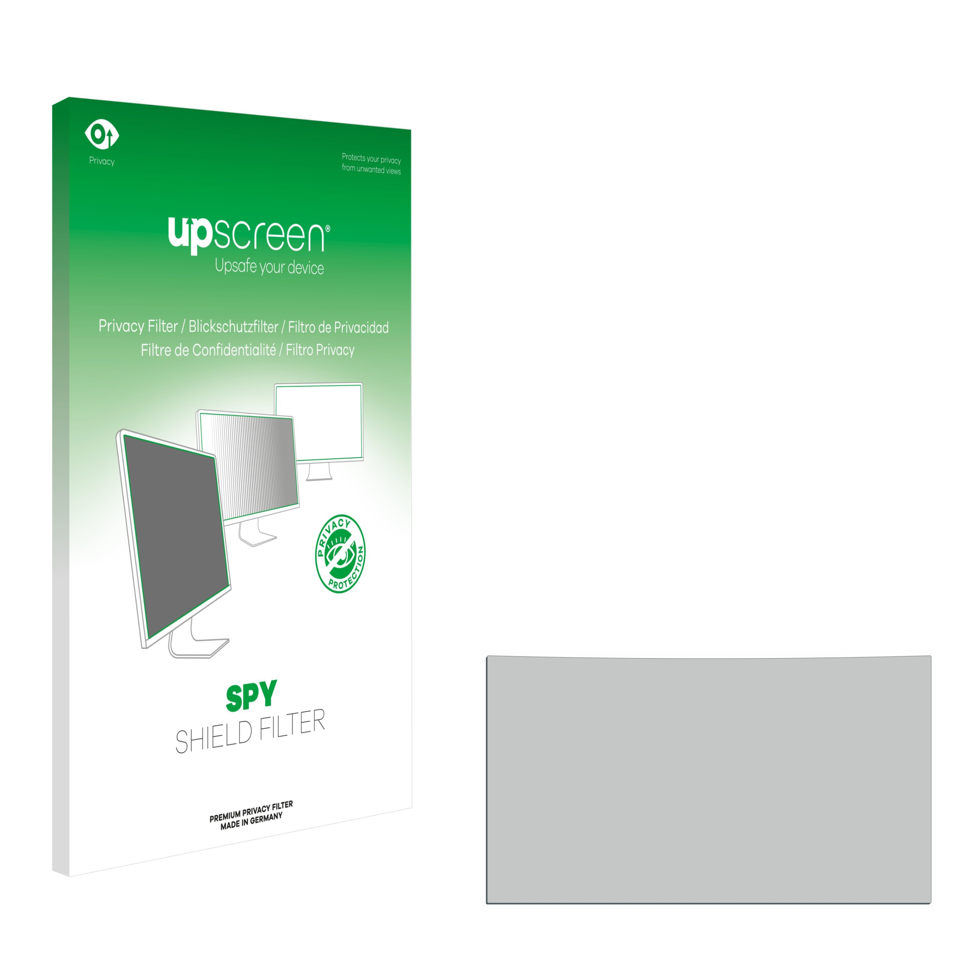 Verpackung mit einem Sichtschutzfilter und einem Display. Grüne und weiße Farben.