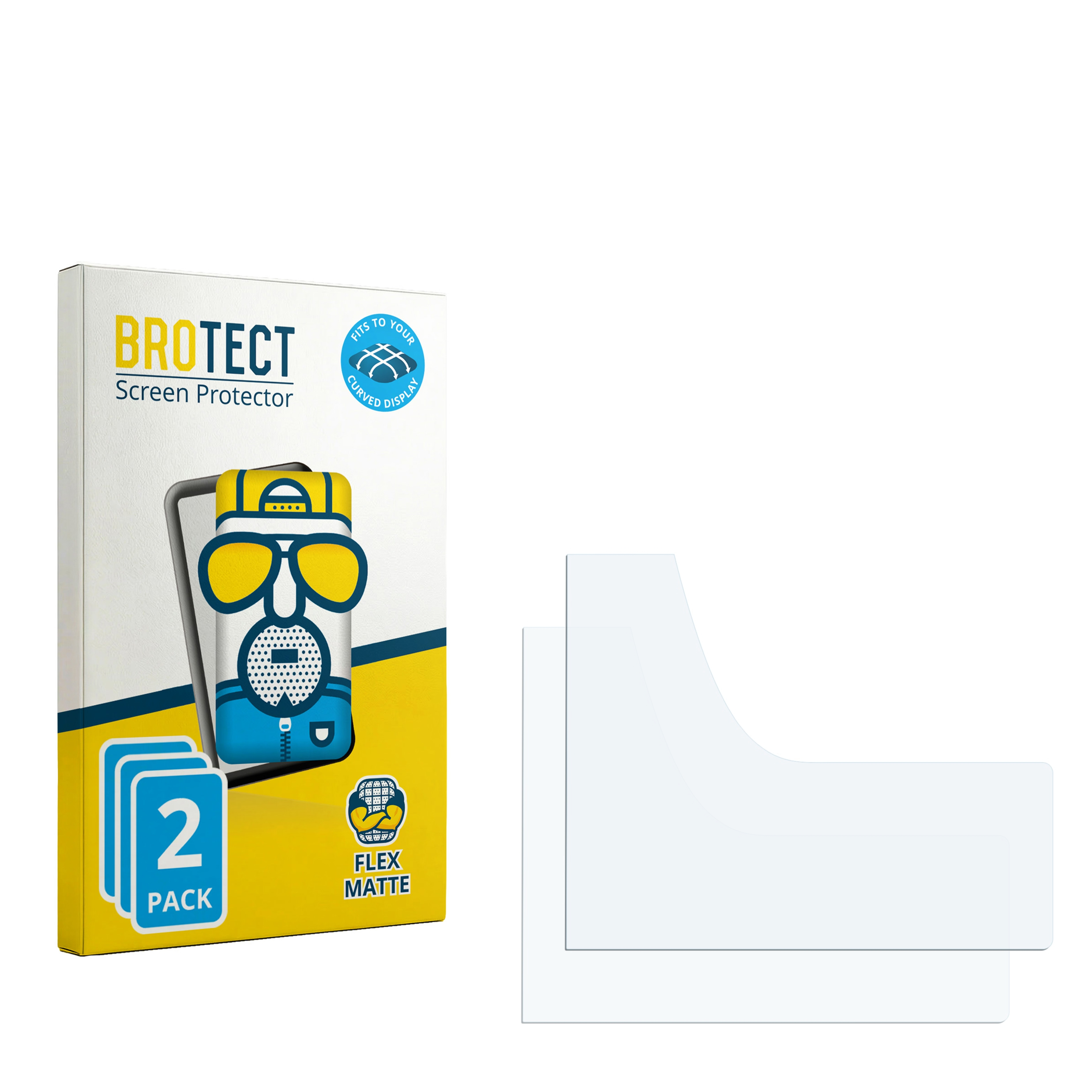 BROTECT Displayschutzfolie 2er Pack mit Matt-Effekt und Comic-Figur auf der Verpackung. Daneben liegen zwei Schutzfolien.