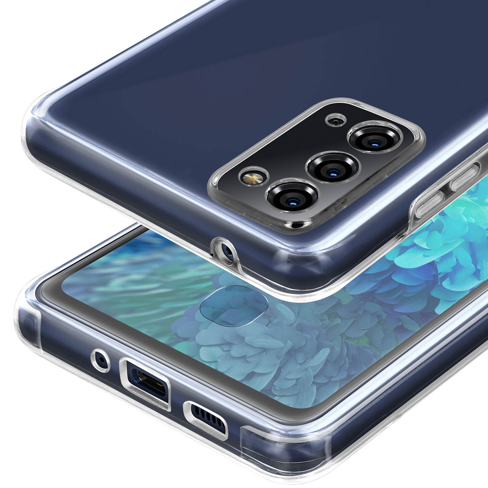 Doorzichtige telefoonhoes over een smartphone met blauw behang.