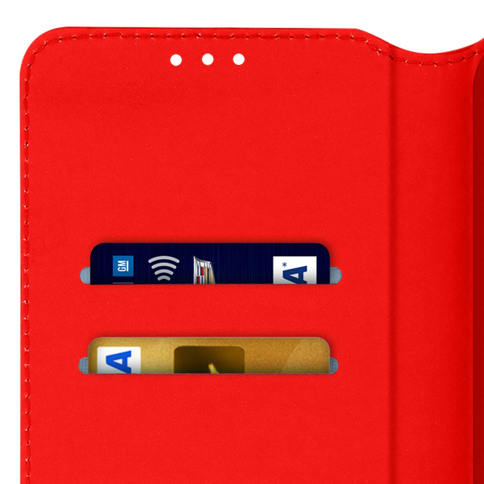 Porte-cartes rouge à deux fentes. Une fente montre une carte avec "A".