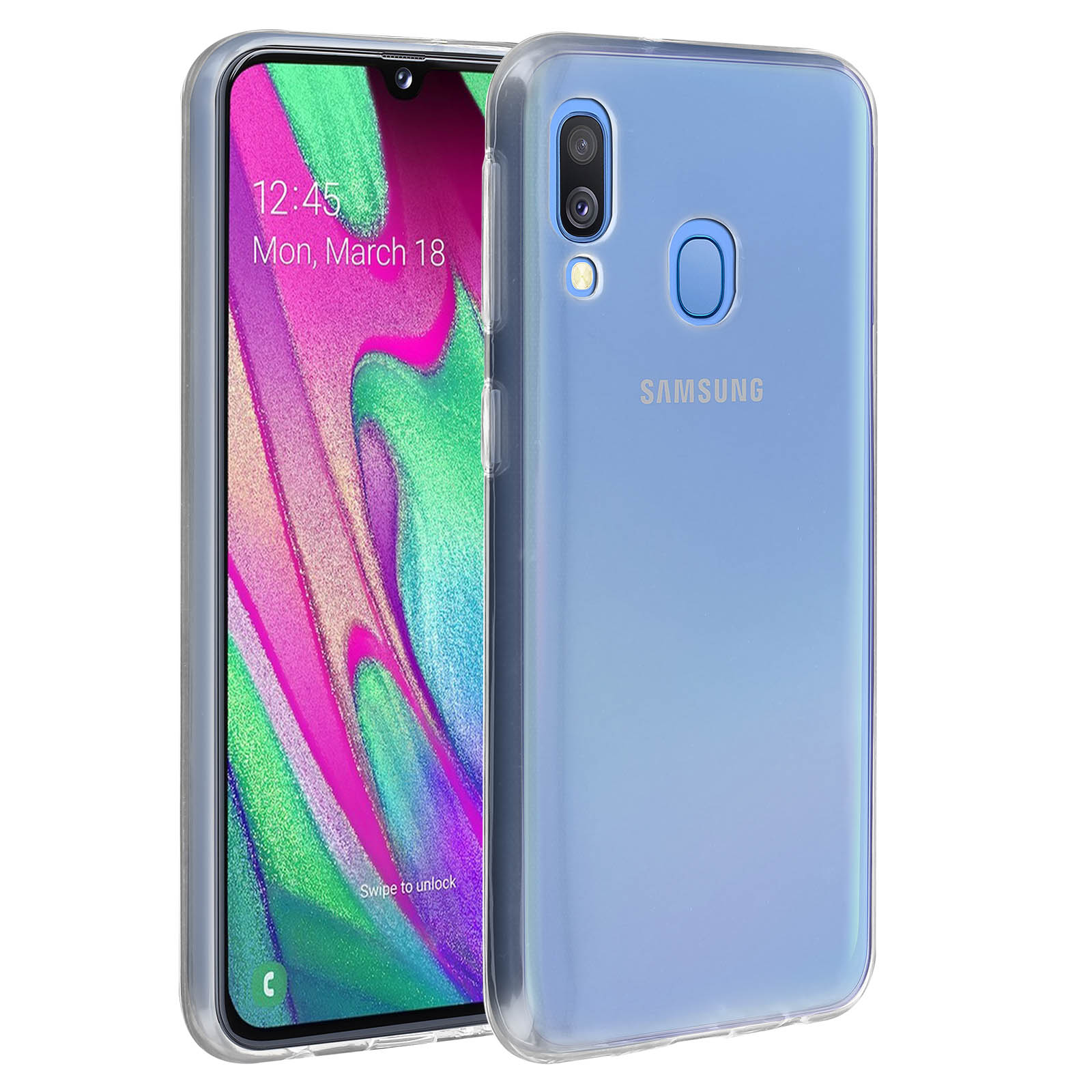 Een doorzichtige telefoonhoes met een Samsung smartphone erin.