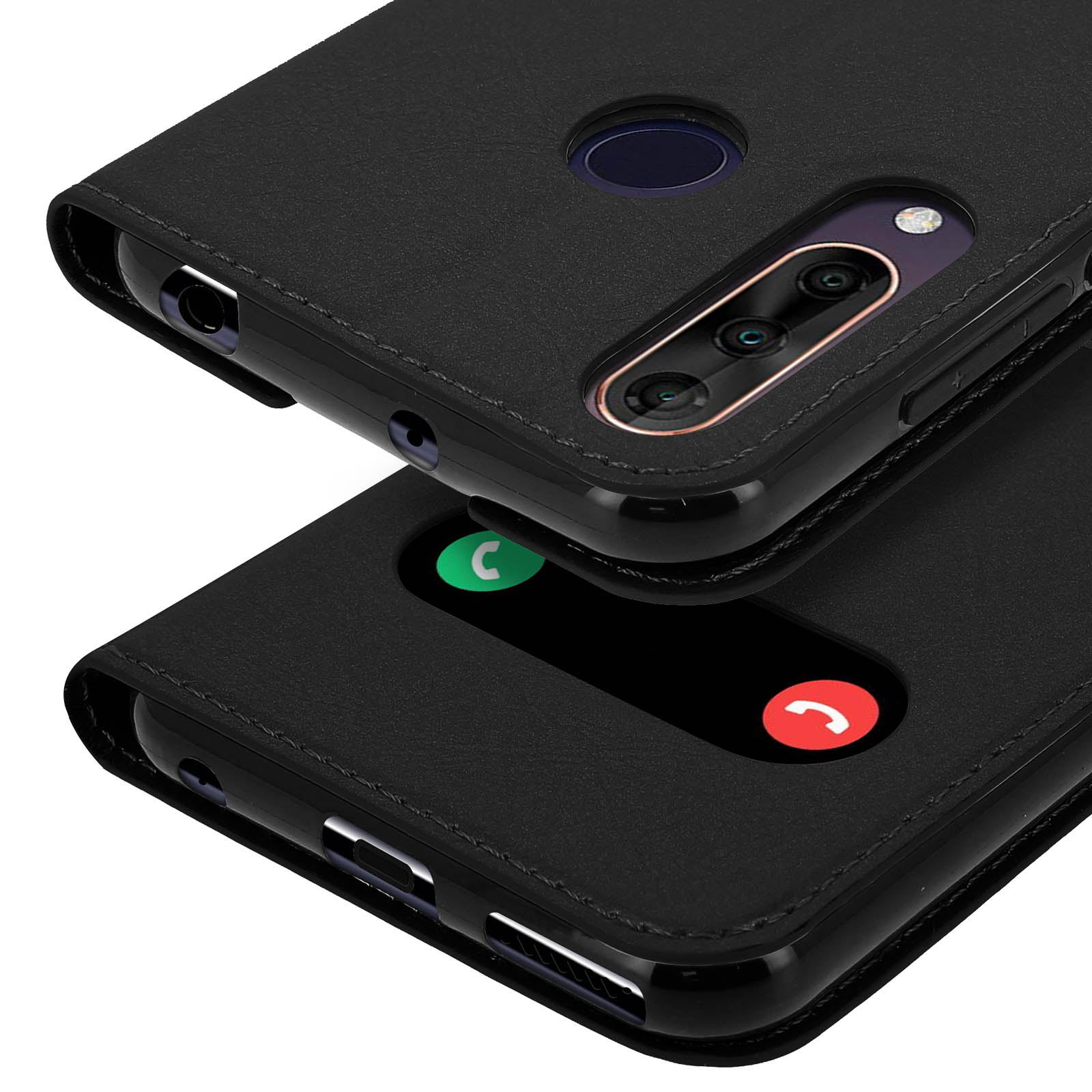 Étui de téléphone en cuir noir avec appareil photo et capteur d'empreintes.