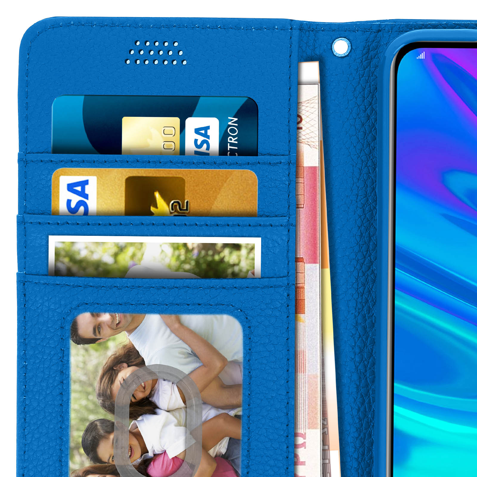 Étui de téléphone bleu avec fentes pour cartes, argent et photo de famille.